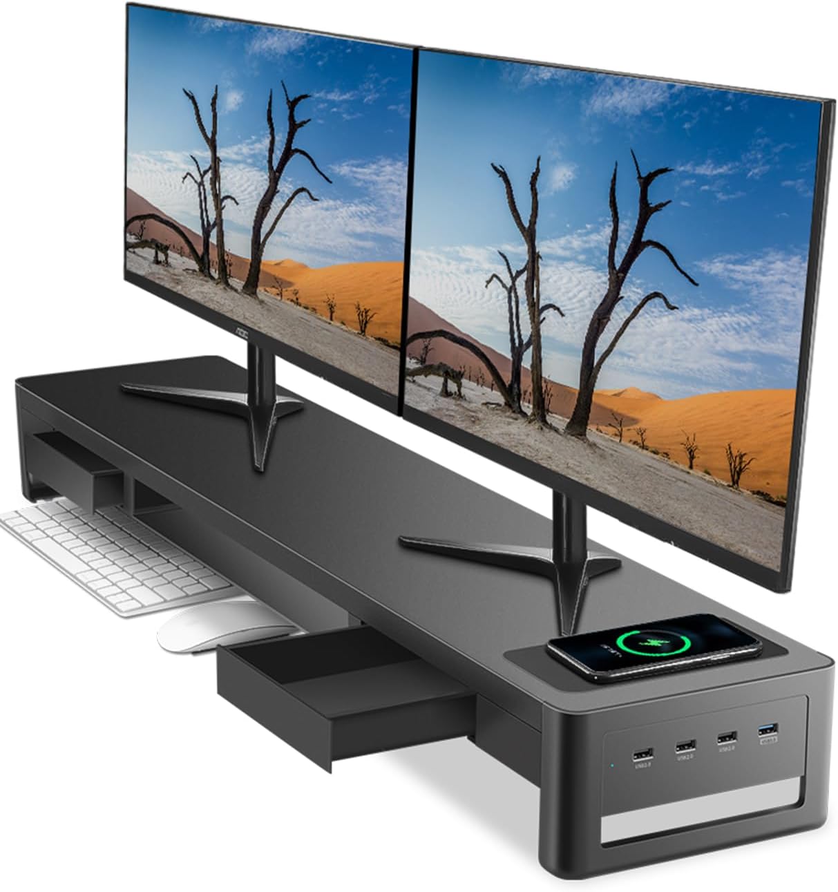 meatanty Dual Monitor Stand Riser with 2 Drawers,4 USB Ports and Charging Pad,Metal Monitor Stand for 2 Monitors Supports Transfer Data and Charging,Desk Organizer for PC(38.7 inch thumbnail 1