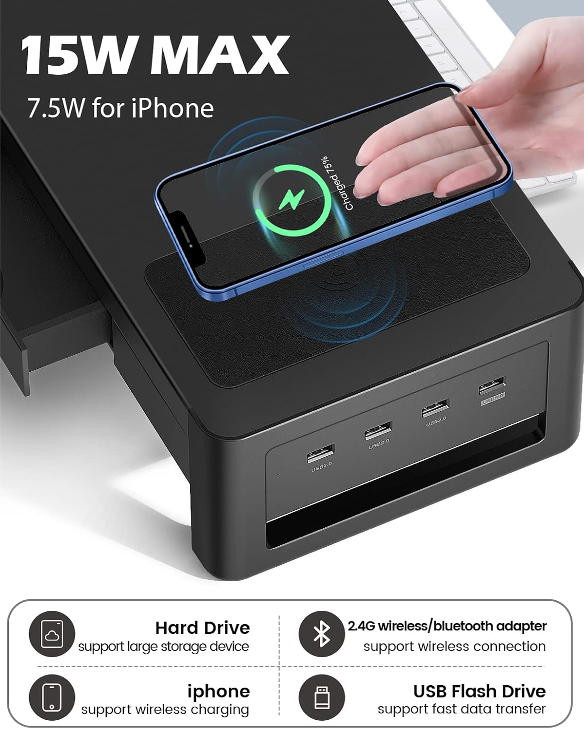 meatanty Dual Monitor Stand Riser with 2 Drawers,4 USB Ports and Charging Pad,Metal Monitor Stand for 2 Monitors Supports Transfer Data and Charging,Desk Organizer for PC(38.7 inch thumbnail 2