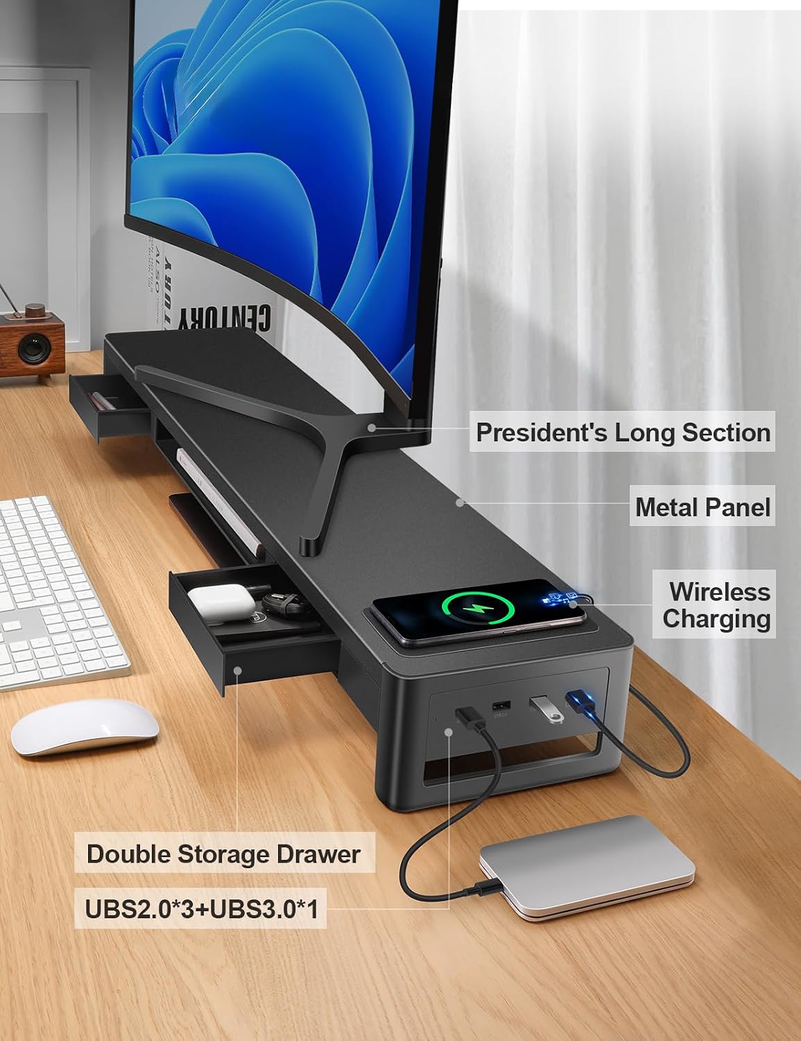 meatanty Dual Monitor Stand Riser with 2 Drawers,4 USB Ports and Charging Pad,Metal Monitor Stand for 2 Monitors Supports Transfer Data and Charging,Desk Organizer for PC(38.7 inch thumbnail 4