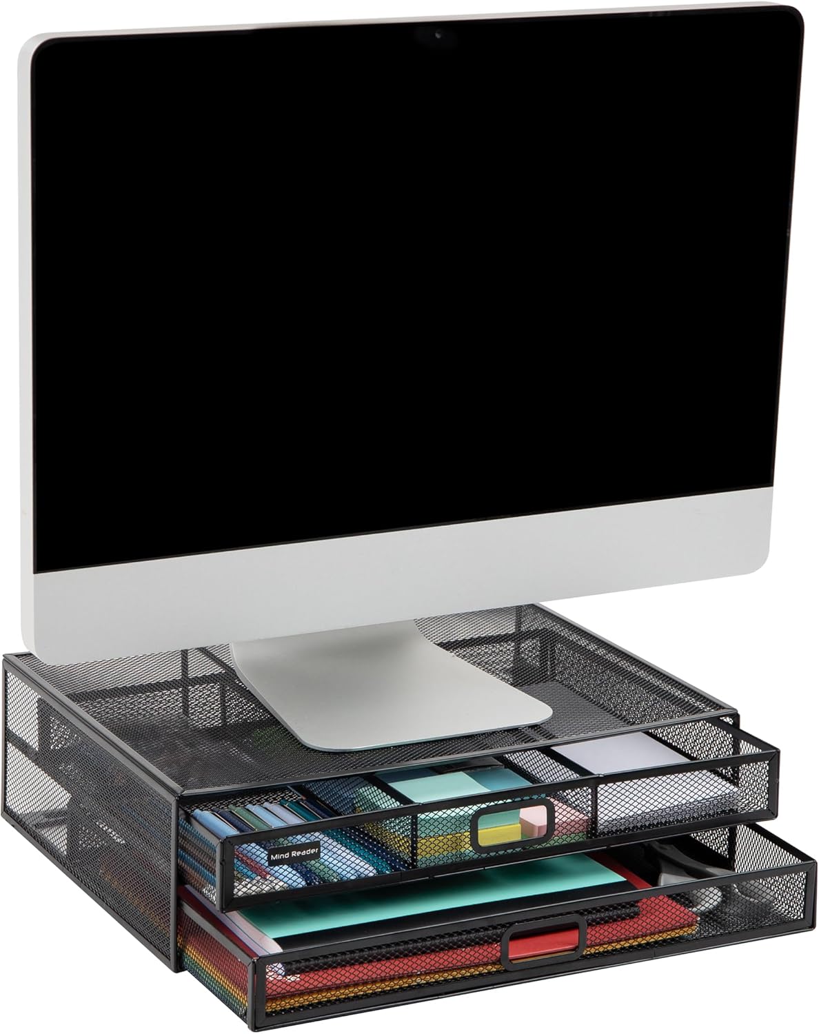 Mind Reader 2TDMESHY-BLK Metal Monitor Stand Riser with 2 Drawers, Desk Organizer, Holds PC, Laptop, Notebook, Printer and More, Black, 11.5 x 15.75 x 4.75