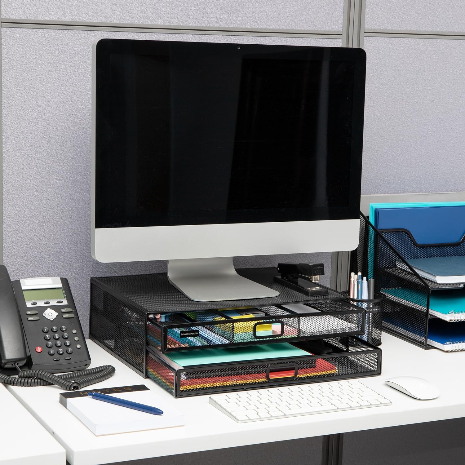 Mind Reader 2TDMESHY-BLK Metal Monitor Stand Riser with 2 Drawers, Desk Organizer, Holds PC, Laptop, Notebook, Printer and More, Black, 11.5 x 15.75 x 4.75