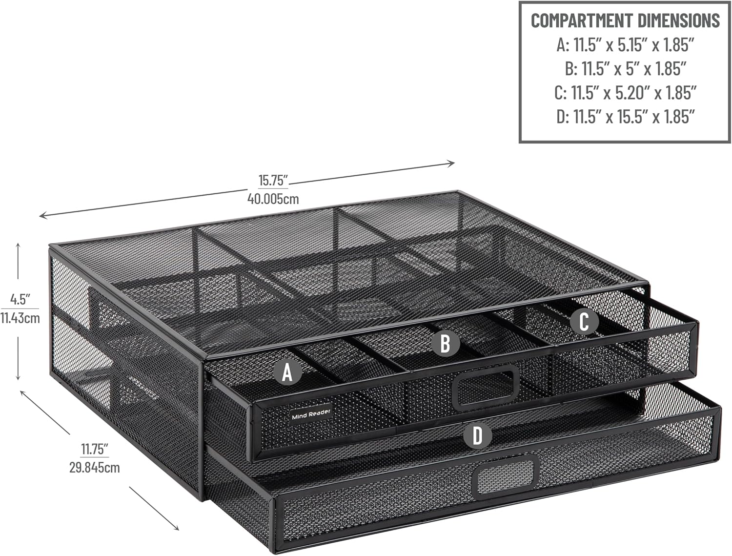 Mind Reader 2TDMESHY-BLK Metal Monitor Stand Riser with 2 Drawers, Desk Organizer, Holds PC, Laptop, Notebook, Printer and More, Black, 11.5 x 15.75 x 4.75