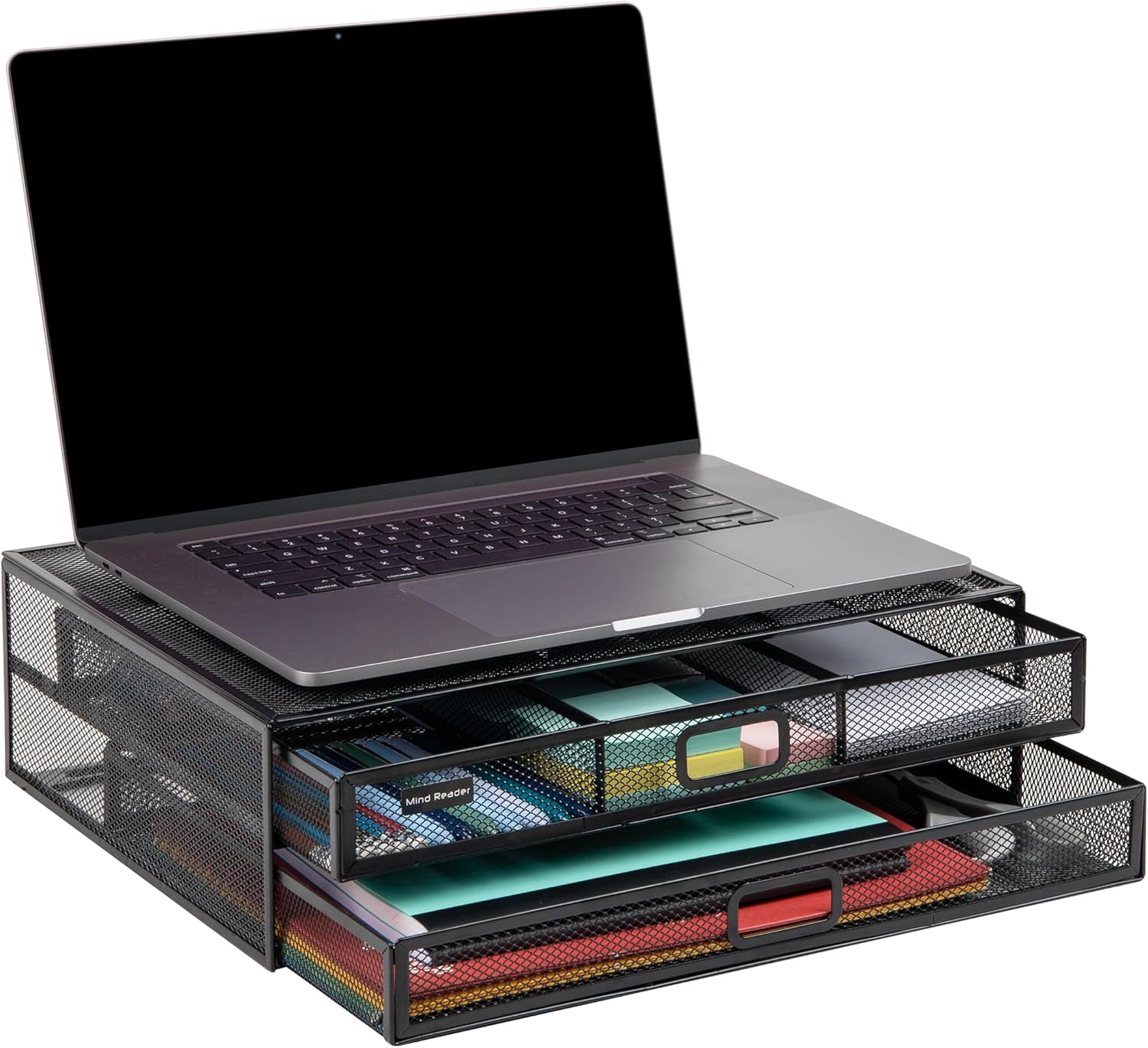 Mind Reader 2TDMESHY-BLK Metal Monitor Stand Riser with 2 Drawers, Desk Organizer, Holds PC, Laptop, Notebook, Printer and More, Black, 11.5 x 15.75 x 4.75