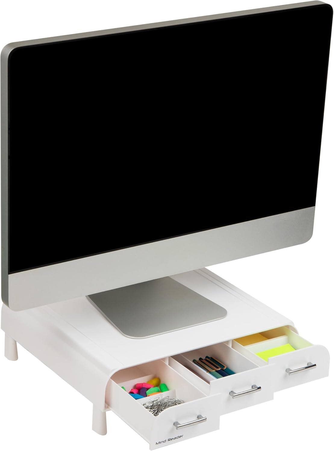 Mind Reader Monitor Stand, Laptop Riser, Desktop Organizer, Storage Drawer, Office, Plastic, 34.3L x 33W x 10.2H cm, White