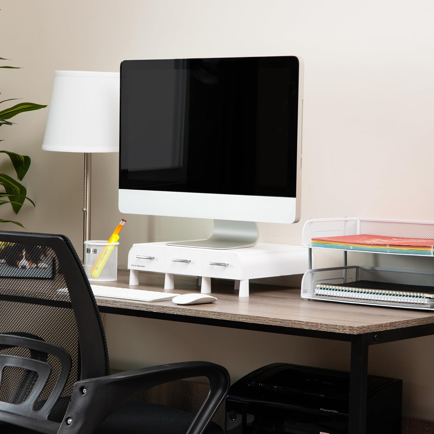 Mind Reader Monitor Stand, Laptop Riser, Desktop Organizer, Storage Drawer, Office, Plastic, 34.3L x 33W x 10.2H cm, White