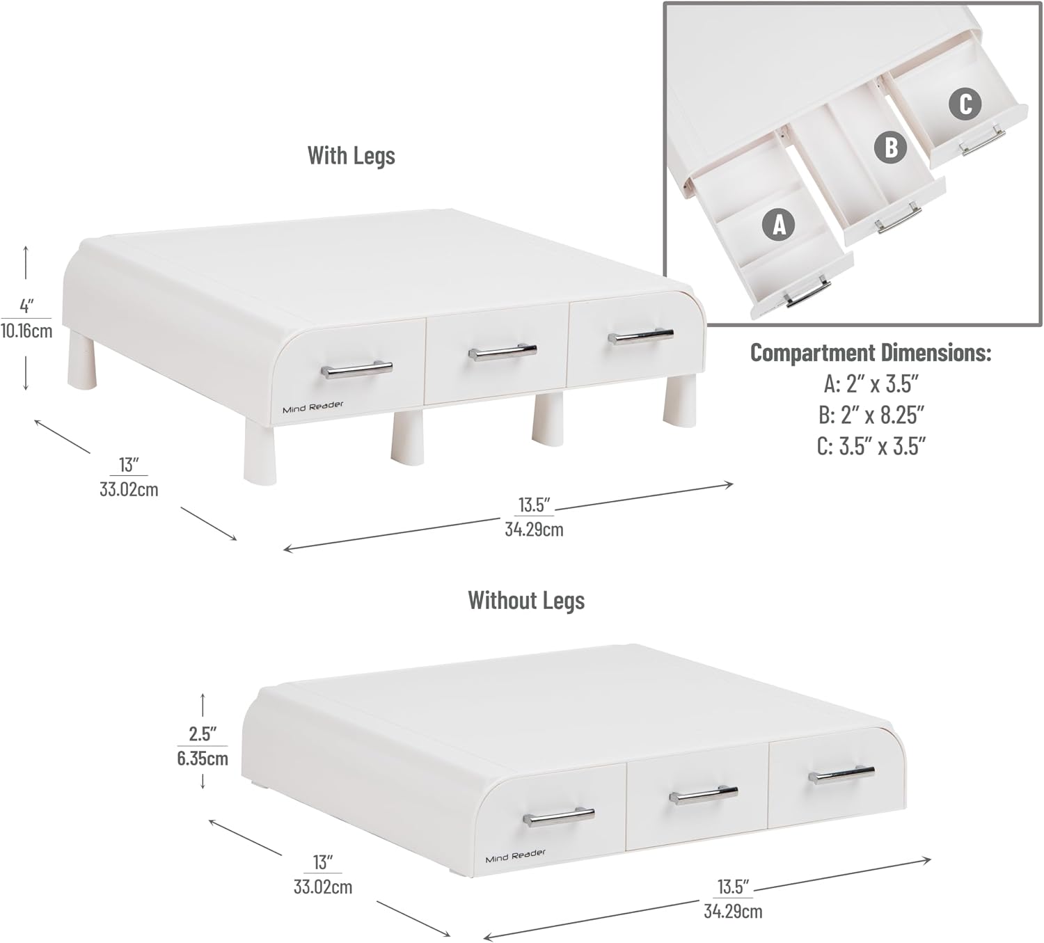 Mind Reader Monitor Stand, Laptop Riser, Desktop Organizer, Storage Drawer, Office, Plastic, 34.3L x 33W x 10.2H cm, White