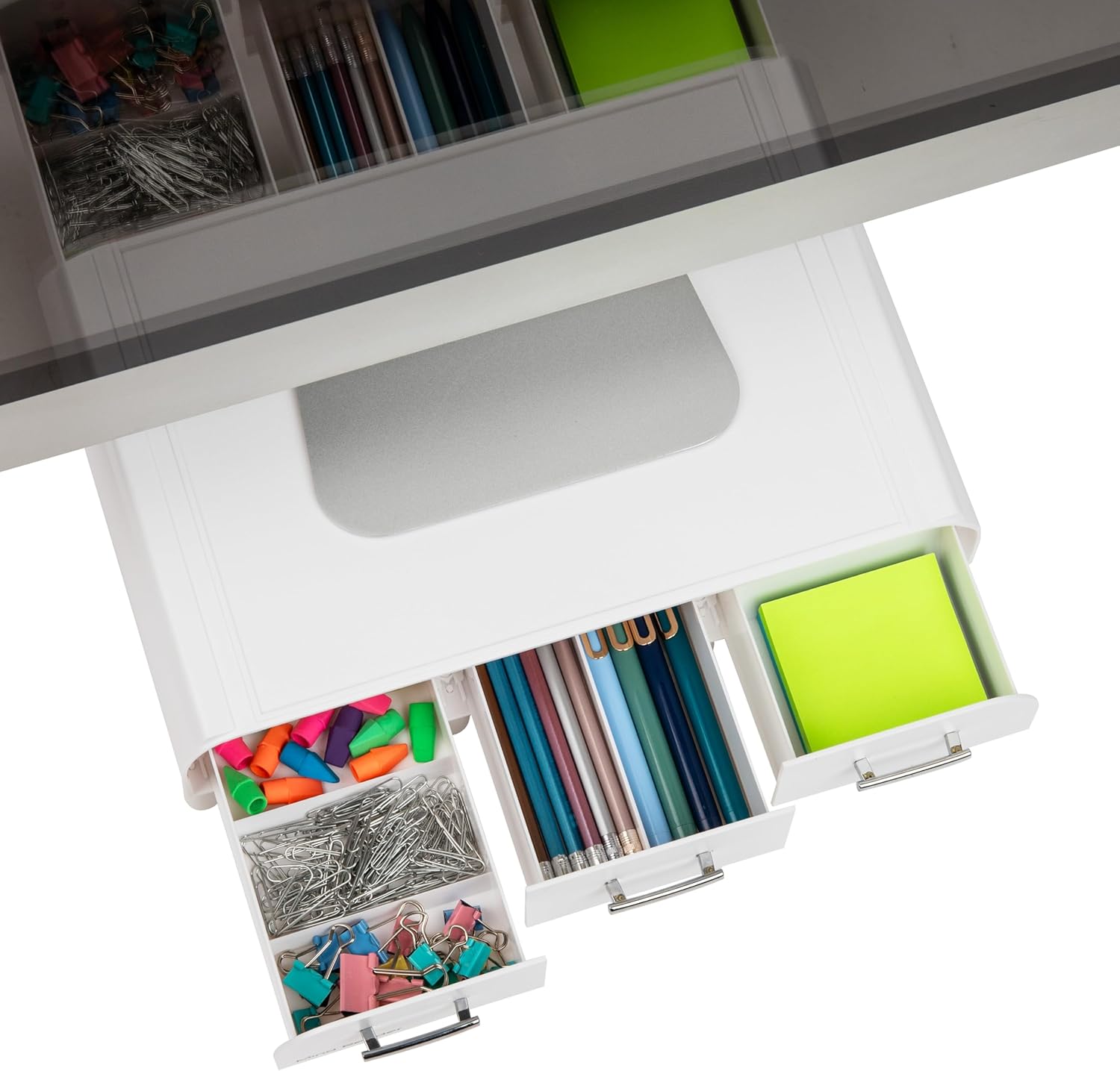 Mind Reader Monitor Stand, Laptop Riser, Desktop Organizer, Storage Drawer, Office, Plastic, 34.3L x 33W x 10.2H cm, White