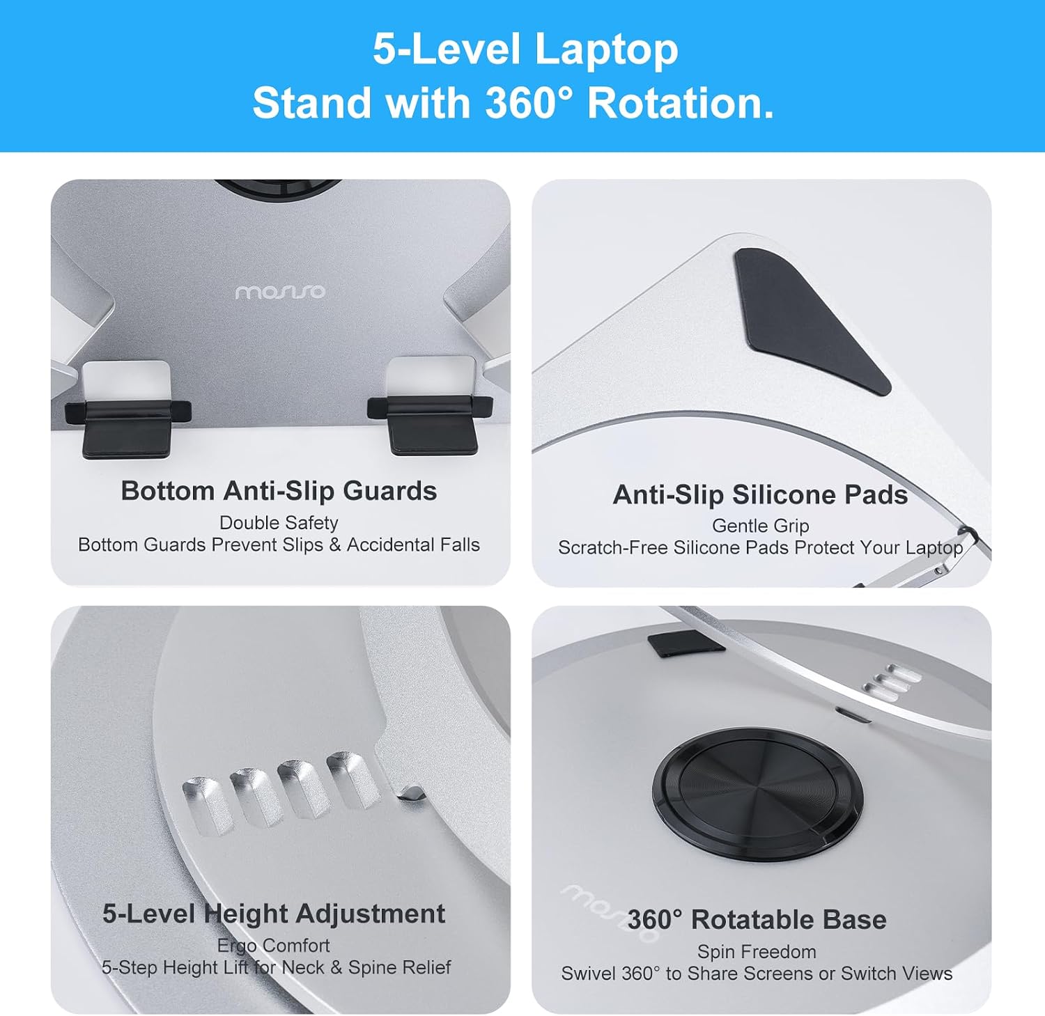 MOSISO Laptop Stand for Desk, Adjustable Aluminum Alloy Computer Stand | with 360 Degree Rotating Base, Ergonomic Keyboard Riser Kickstand for Collaborative Work, Compatible with A thumbnail 5