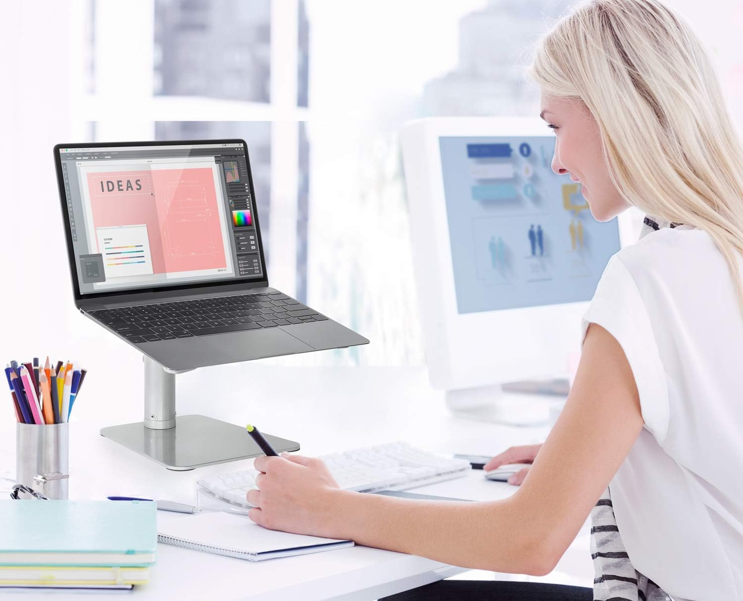 Mount-It! Adjustable Height Laptop Stand for Desk, Ergonomic Laptop Riser for 11–15 Inch Laptops, Tilted Desktop Lift with Anti-Slip Platform, Up to 33 lbs