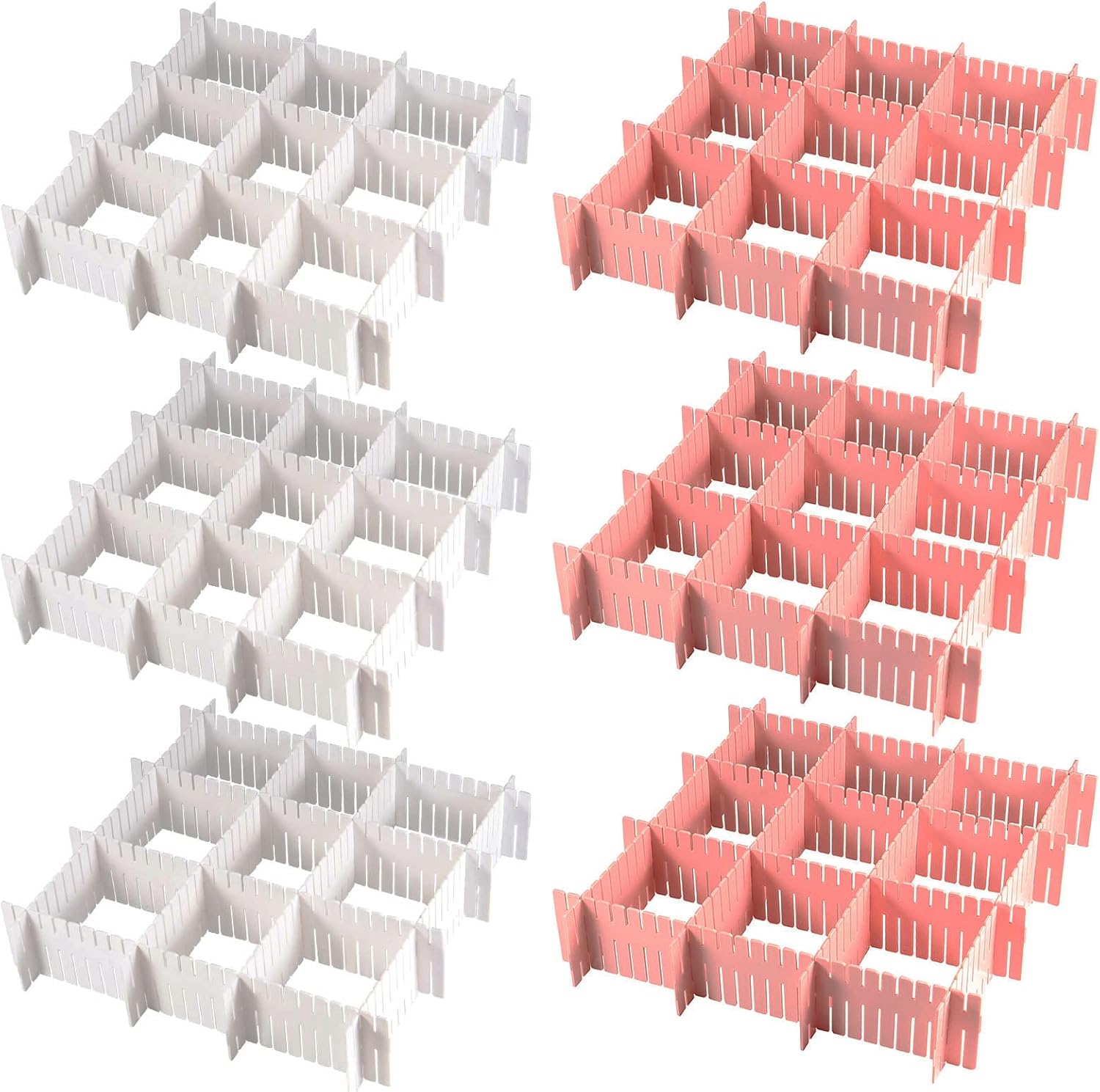 MUKCHAP 72 Pieces 12.6 Inch DIY Drawer Dividers Organizer, Plastic Grid Drawer Dividers, Plastic Adjustable Drawer Dividers Separator for Sock, Underwear, Scarf, 36 White, 36 Pink