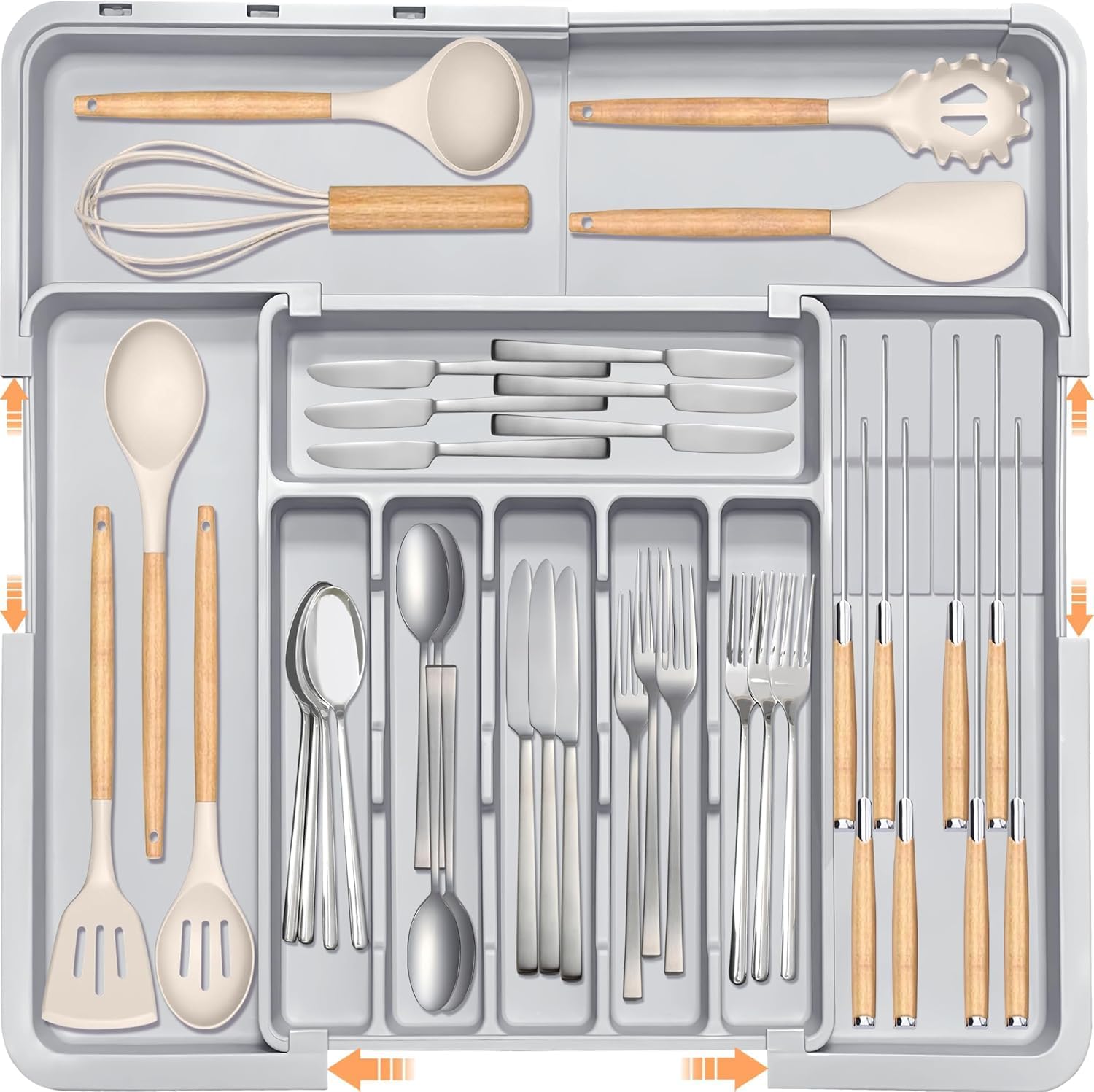 Oillase Silverware Organizer - Expandable Large Kitchen Drawer Organizer Utensil Organizer with 2 Removable Knife Blocks, 22"x 19"Cutlery Tray Drawer Dividers for Kitchen Flatware(6-9 Slots) (Grey)