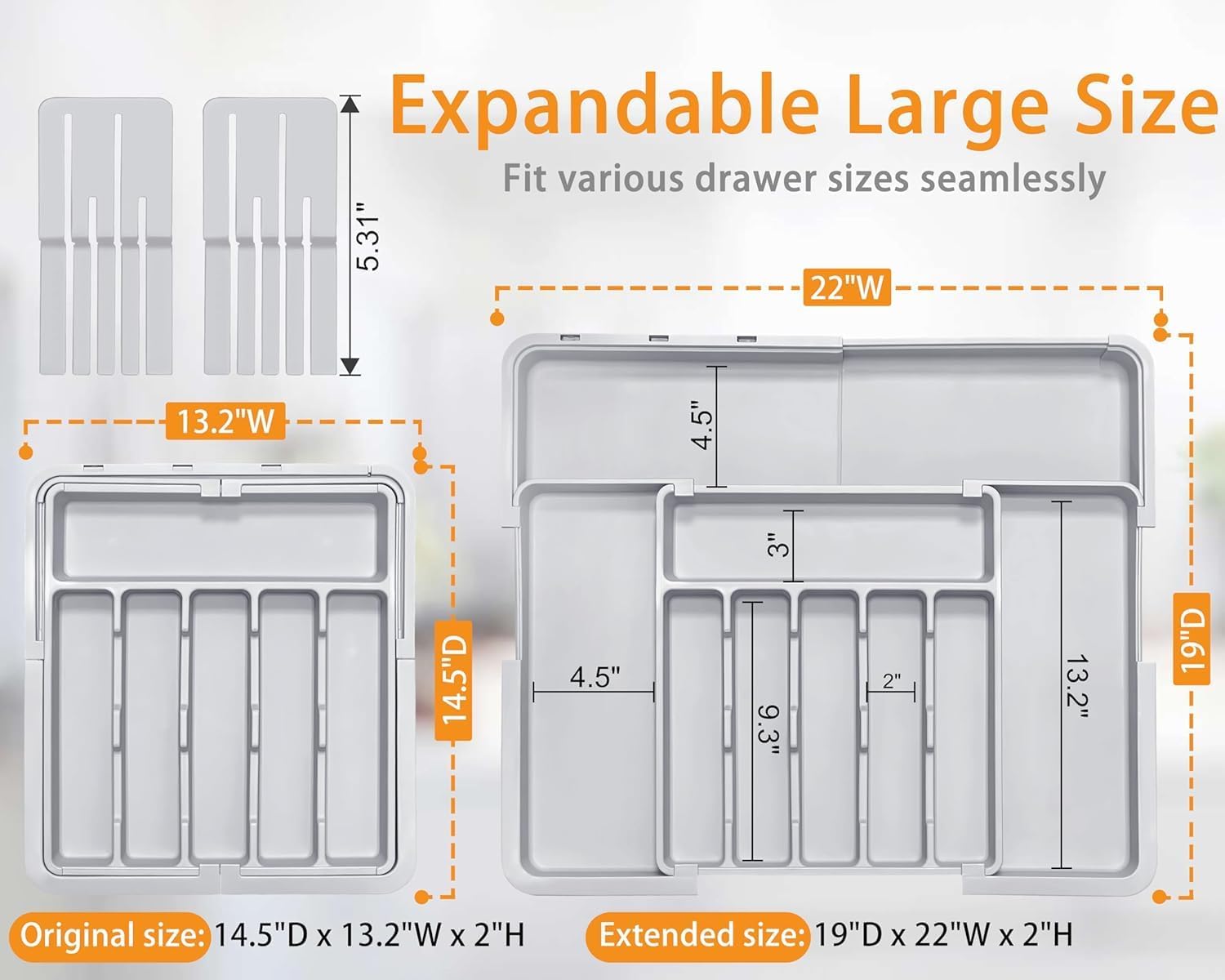 Oillase Silverware Organizer - Expandable Large Kitchen Drawer Organizer Utensil Organizer with 2 Removable Knife Blocks, 22"x 19"Cutlery Tray Drawer Dividers for Kitchen Flatware(6-9 Slots) (Grey)