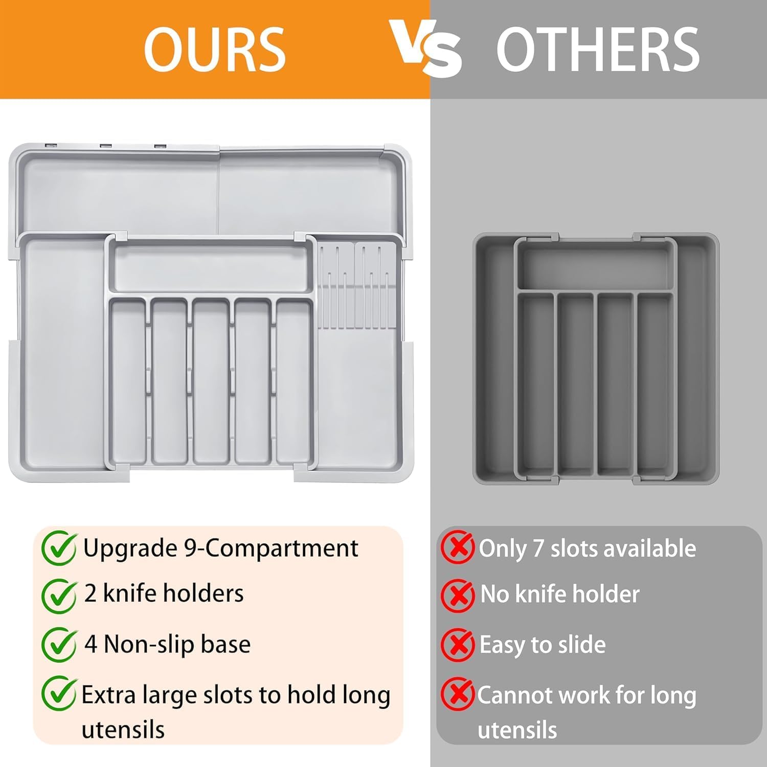 Oillase Silverware Organizer - Expandable Large Kitchen Drawer Organizer Utensil Organizer with 2 Removable Knife Blocks, 22"x 19"Cutlery Tray Drawer Dividers for Kitchen Flatware(6-9 Slots) (Grey)
