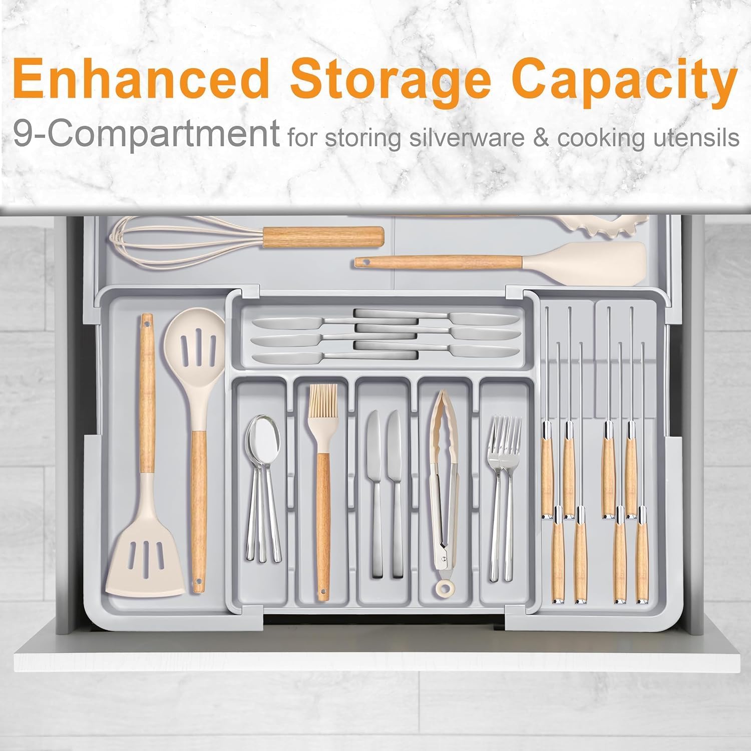 Oillase Silverware Organizer - Expandable Large Kitchen Drawer Organizer Utensil Organizer with 2 Removable Knife Blocks, 22"x 19"Cutlery Tray Drawer Dividers for Kitchen Flatware(6-9 Slots) (Grey)