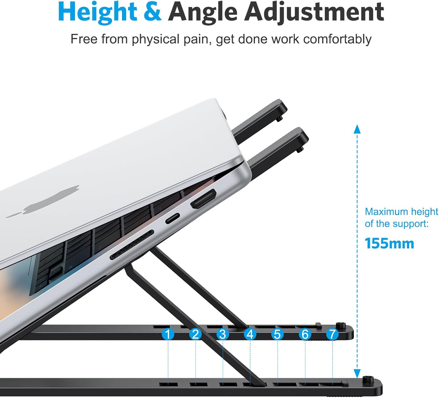 Laptop Stand, OMOTON Laptop Stand for Desk Ergonomic 7-Levels Angles Adjustable Computer Stand, Portable ABS Laptop Riser Holder Compatible with All Laptops and iPad（10-15.6"） (Bla thumbnail 3