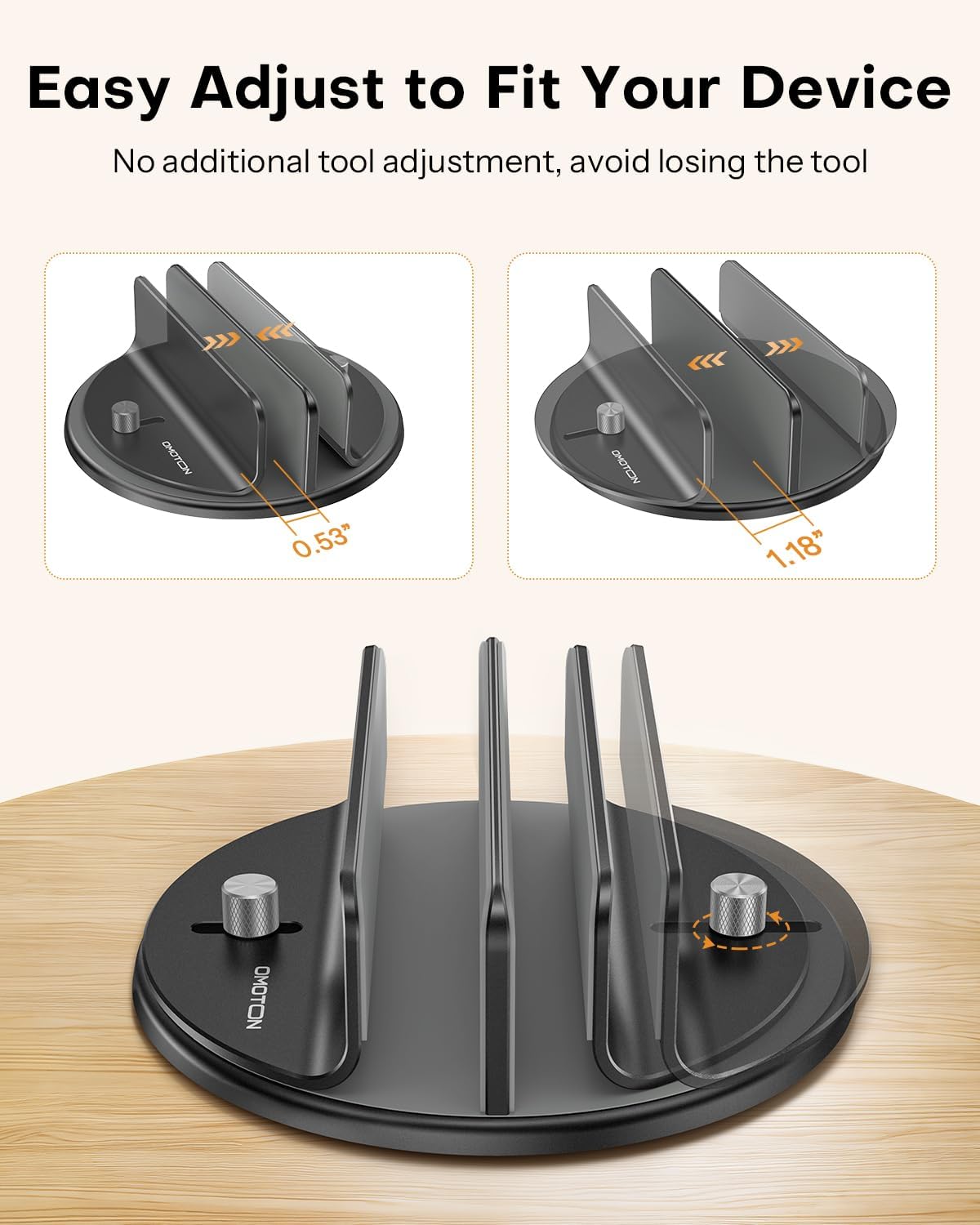 OMOTON 360° Rotating Vertical Laptop Stand Holder, Aluminum Dual-Slot Desk Organizer for MacBook & iPad, Sides Knob Adjustment (No Lost Screws), Holds Laptop, Tablet, Book & Keyboa thumbnail 3