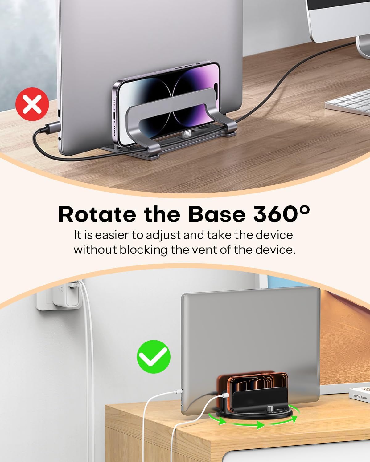 OMOTON 360° Rotating Vertical Laptop Stand Holder, Aluminum Dual-Slot Desk Organizer for MacBook & iPad, Sides Knob Adjustment (No Lost Screws), Holds Laptop, Tablet, Book & Keyboa thumbnail 5