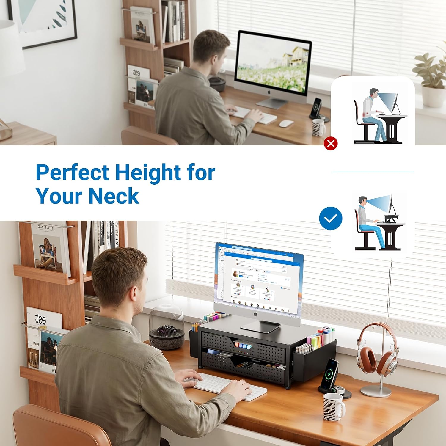 OPNICE Computer Monitor Stand Riser with 2 Drawers & 2 Pen Holders, Desk Organizer for Office Supplies, Laptop Stand for Desk, Workspace Desk Organizers and Accessories for Home Of