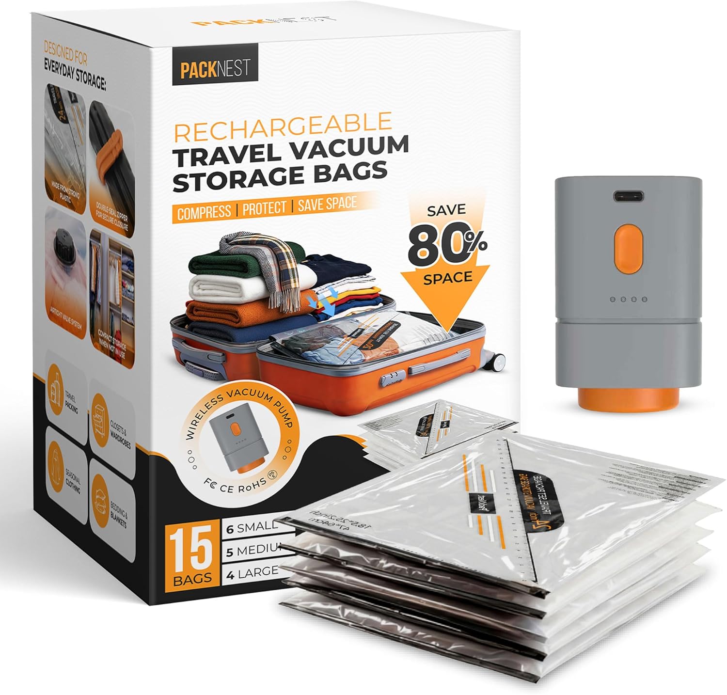 15 Pack Vacuum bags for travel with Rechargeable & Portable Electric Pump(5 Large, 5 Medium, 5 Small) - Vacuum sealer bags for clothes, Blankets and Luggage - space saver vacuum st