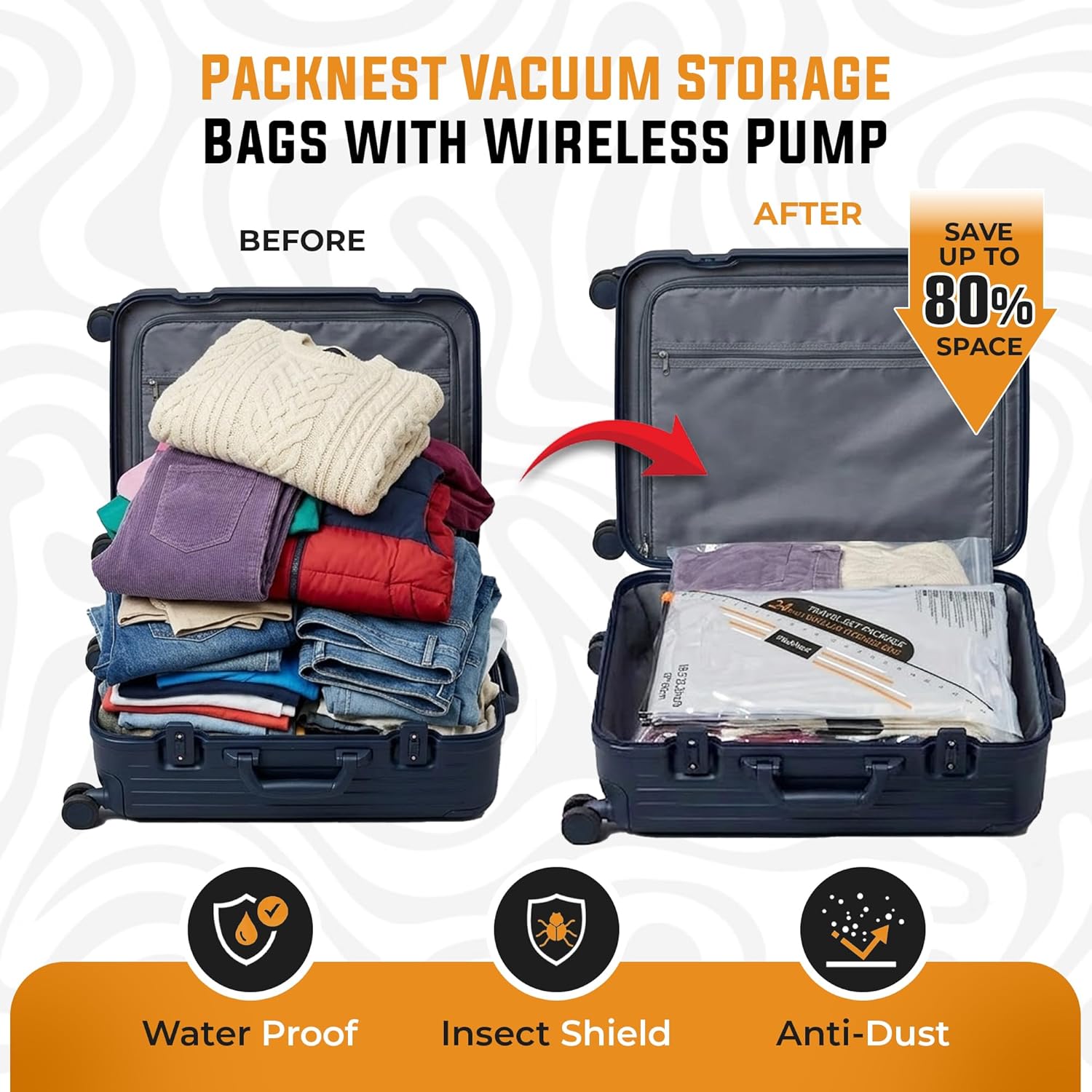 15 Pack Vacuum bags for travel with Rechargeable & Portable Electric Pump(5 Large, 5 Medium, 5 Small) - Vacuum sealer bags for clothes, Blankets and Luggage - space saver vacuum st