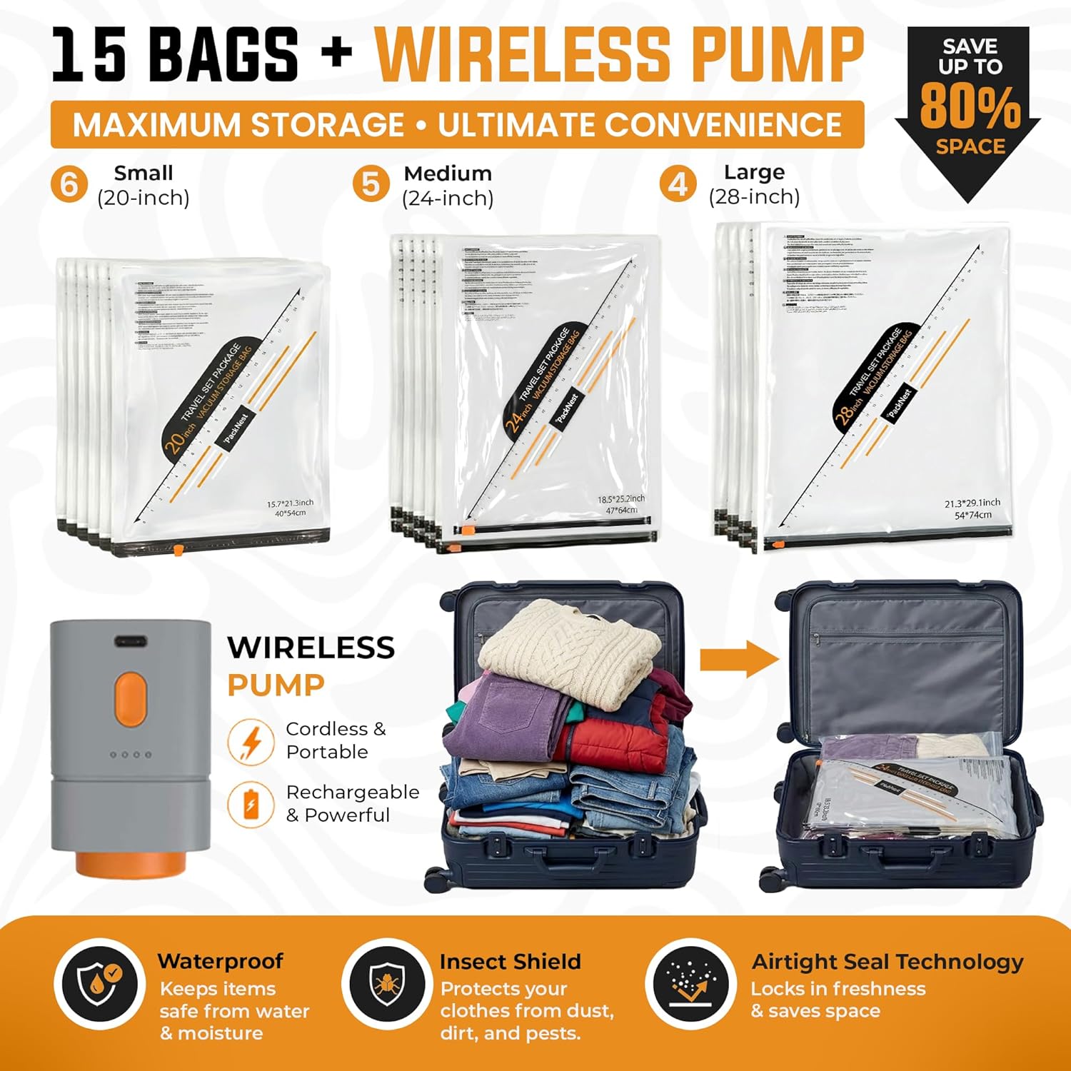 15 Pack Vacuum bags for travel with Rechargeable & Portable Electric Pump(5 Large, 5 Medium, 5 Small) - Vacuum sealer bags for clothes, Blankets and Luggage - space saver vacuum st