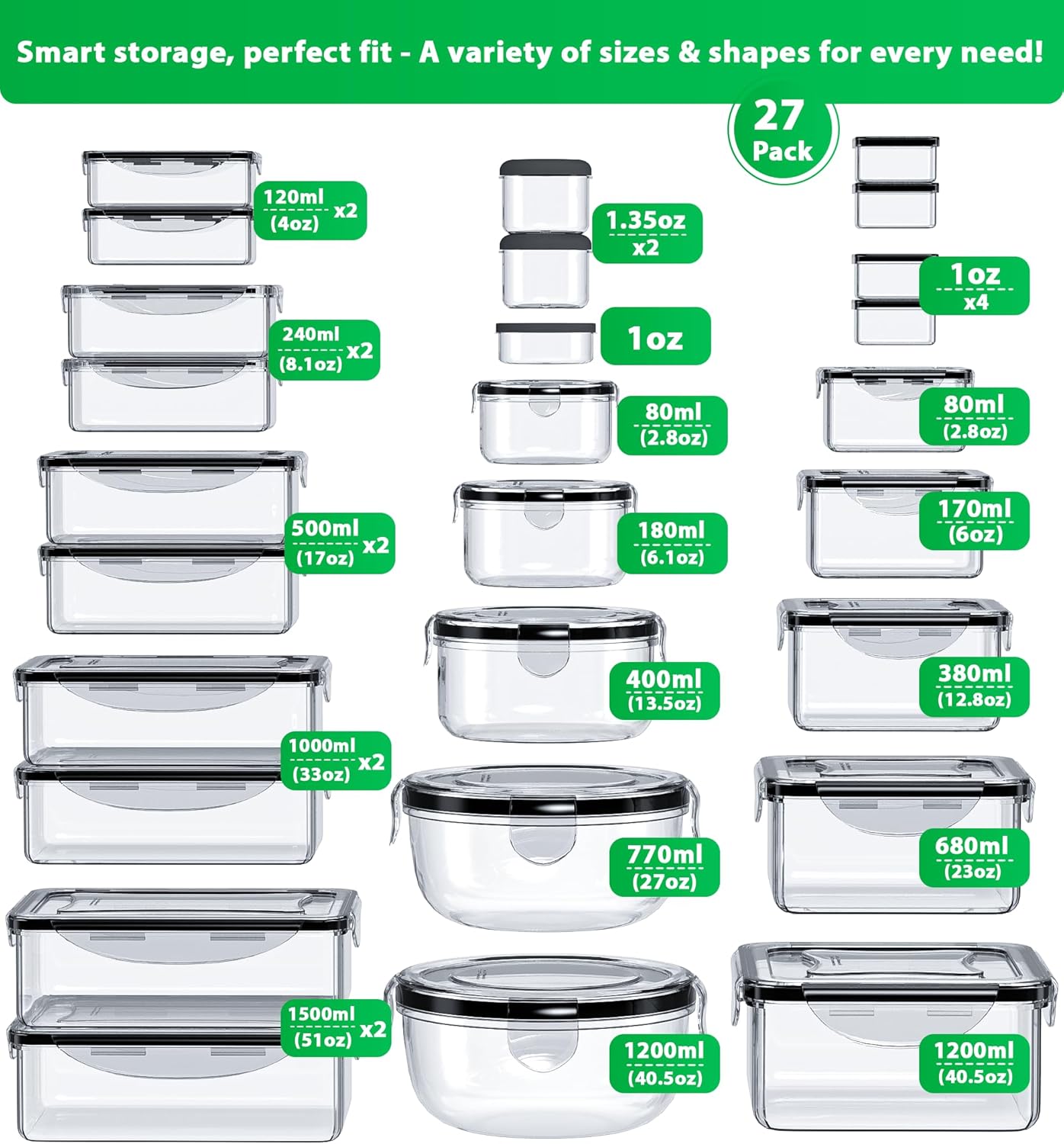 Panxenaulos 54 Pcs Food Storage Containers with Lids Airtight, (27 Containers &27 Lids) Reusable BPA-Free Plastic Food Containers for Kitchen Organization, Leak Proof Freezer/Microwave Safe Meal Prep Lunch Boxes