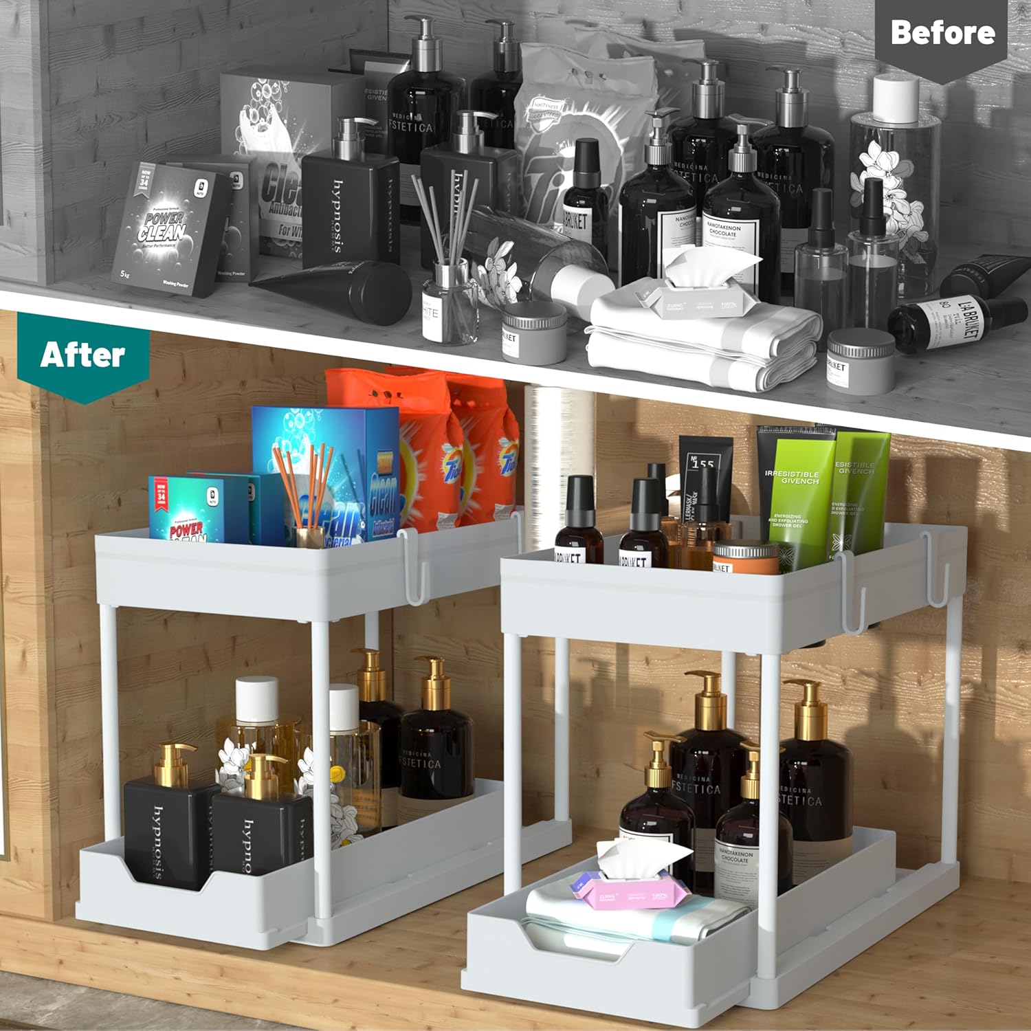 2-PACK Under Sink Organizers|Pull Out Cabinet Organizer|2 Tier Slide Out Sink Shelf Cabinet Storage Shelves For Under Kitchen Bathroom Sink Organizers and Storage.