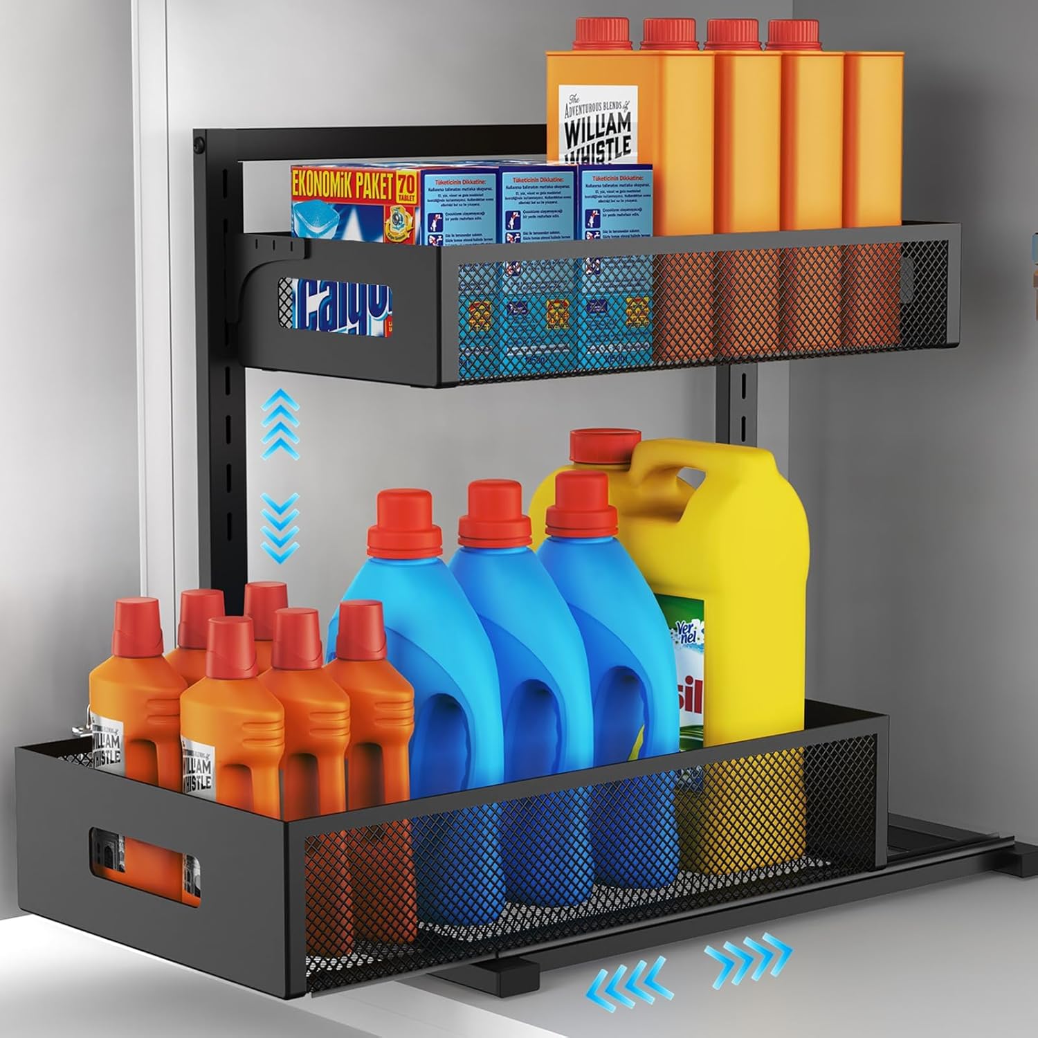 Petiza Under Sink Organizer Pull Out Cabinet Organizer Adjustable Height 2 Tier with Sliding Drawers Kitchen Bathroom Organizer and Storage(1pc)