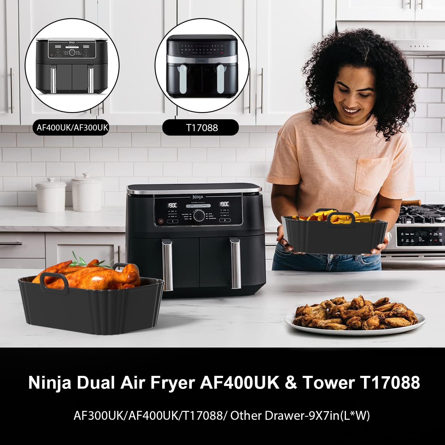 Silicone Air Fryer Liners 2 Pack, Reusable Liners for Ninja Air Fryer Accessories, Compatible with Ninja Foodi DZ201 DZ401 6-in-1 8-10QT Air Fryer Basket