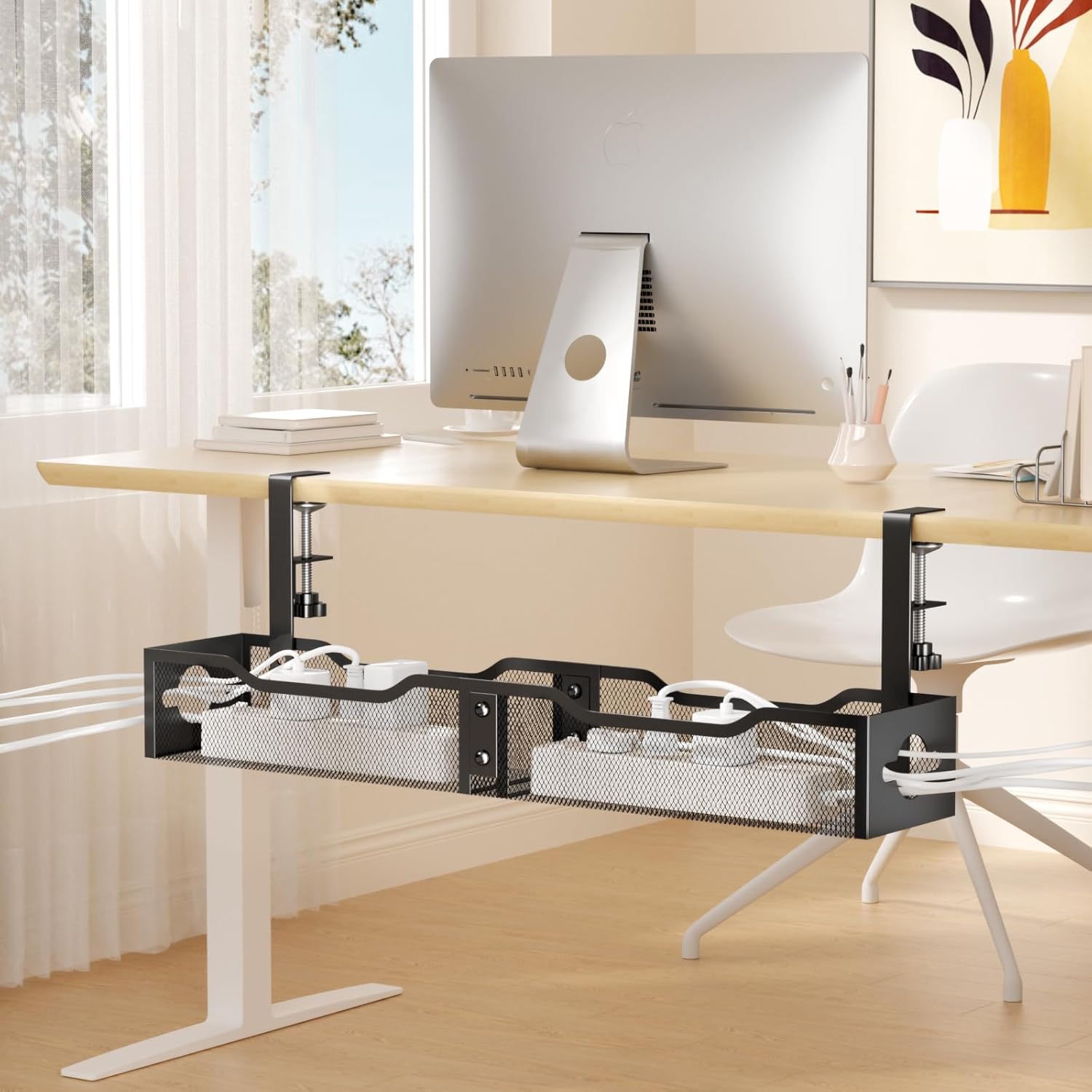 Punmoy Cable Management Under Desk 25.12", Extra Large Desk Cable Organizer No Drill for Home, Wire Management Tray with Adjustable Clamps for Office, Black