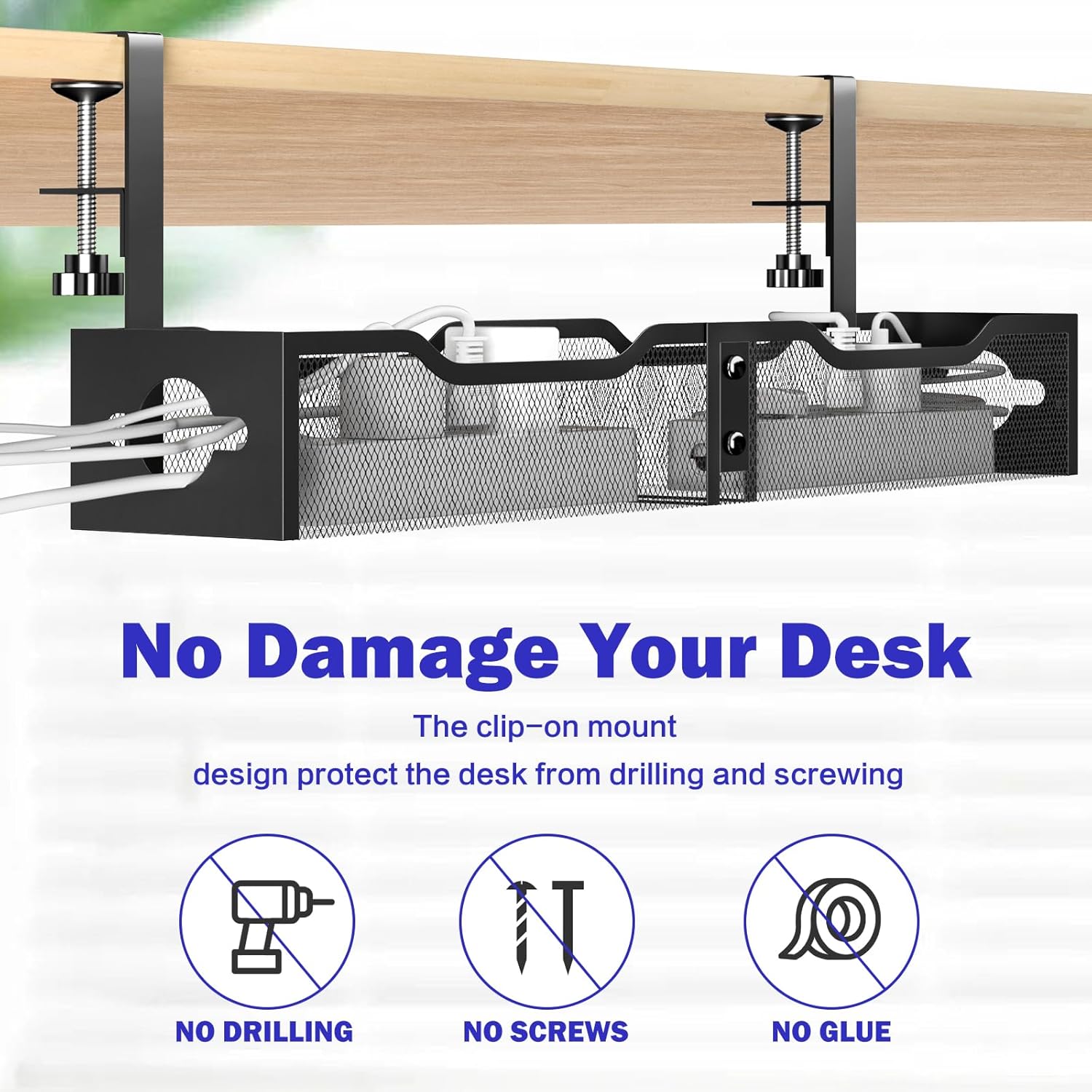 Punmoy Cable Management Under Desk 25.12", Extra Large Desk Cable Organizer No Drill for Home, Wire Management Tray with Adjustable Clamps for Office, Black