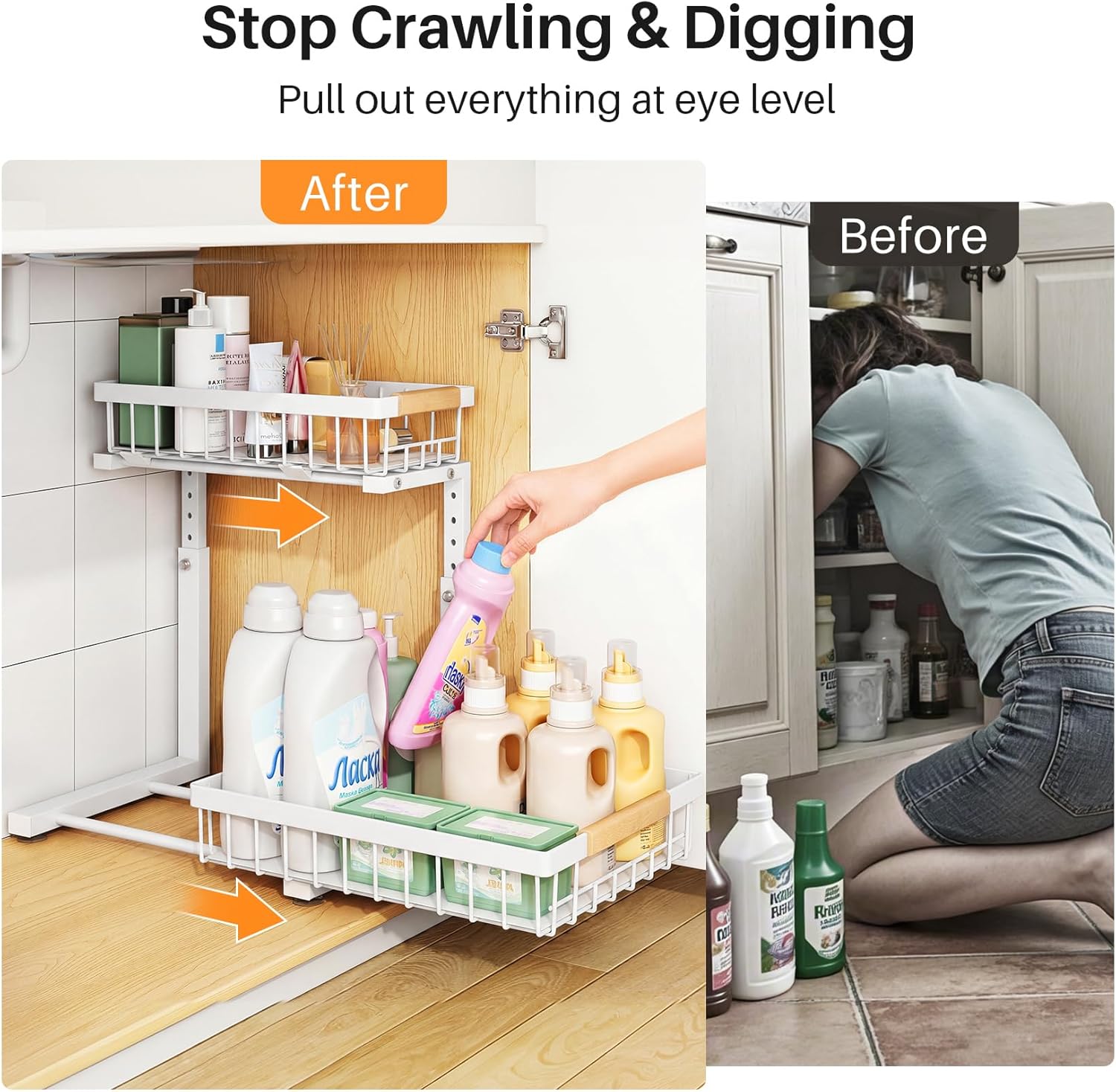 PXRACK 2 Pack Under Sink Organizer,Adjustable Height,2 Tier Pull Out Under Cabinet Organizer,Slide Out Thickened Metal Under Sink Storage for Kitchen Bathroom Laundry Cabinet Pantry,White