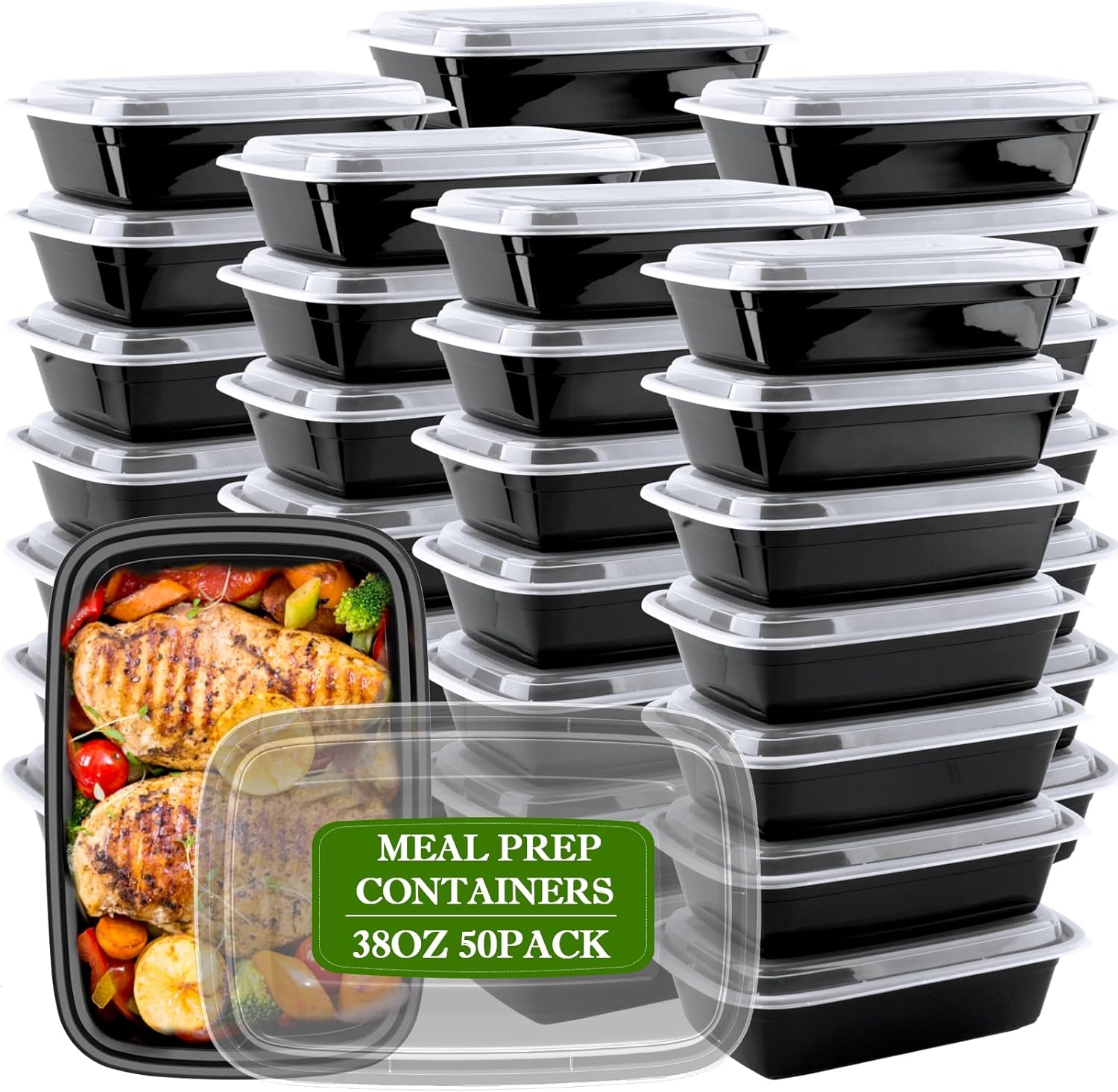 Meal Prep Containers Reusable 38oz - Food Containers with Lids 50 Pack, Disposable to Go Containers, Leakproof Food Prep Containers, Stackable, Takeout, BPA-Free, Microwave/Freezer