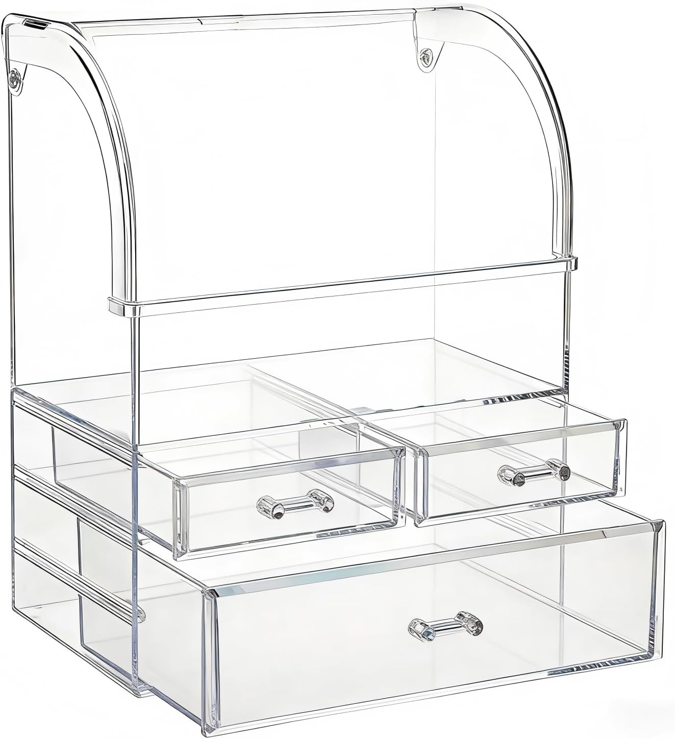Roquati Cosmetic Organizer,Large Acrylic Makeup Storage Organizer Transparent Display Case with Drawers and Closable Lid, Dustproof Waterproof Box for Bathroom Counter Dresser, Lipsticks, Brushes (Clear-L)