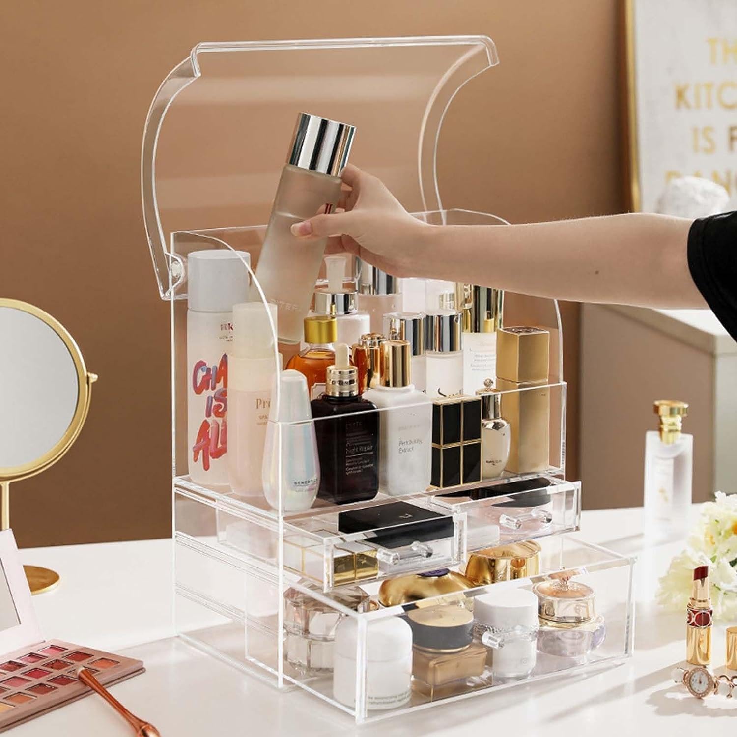 Roquati Cosmetic Organizer,Large Acrylic Makeup Storage Organizer Transparent Display Case with Drawers and Closable Lid, Dustproof Waterproof Box for Bathroom Counter Dresser, Lipsticks, Brushes (Clear-L)