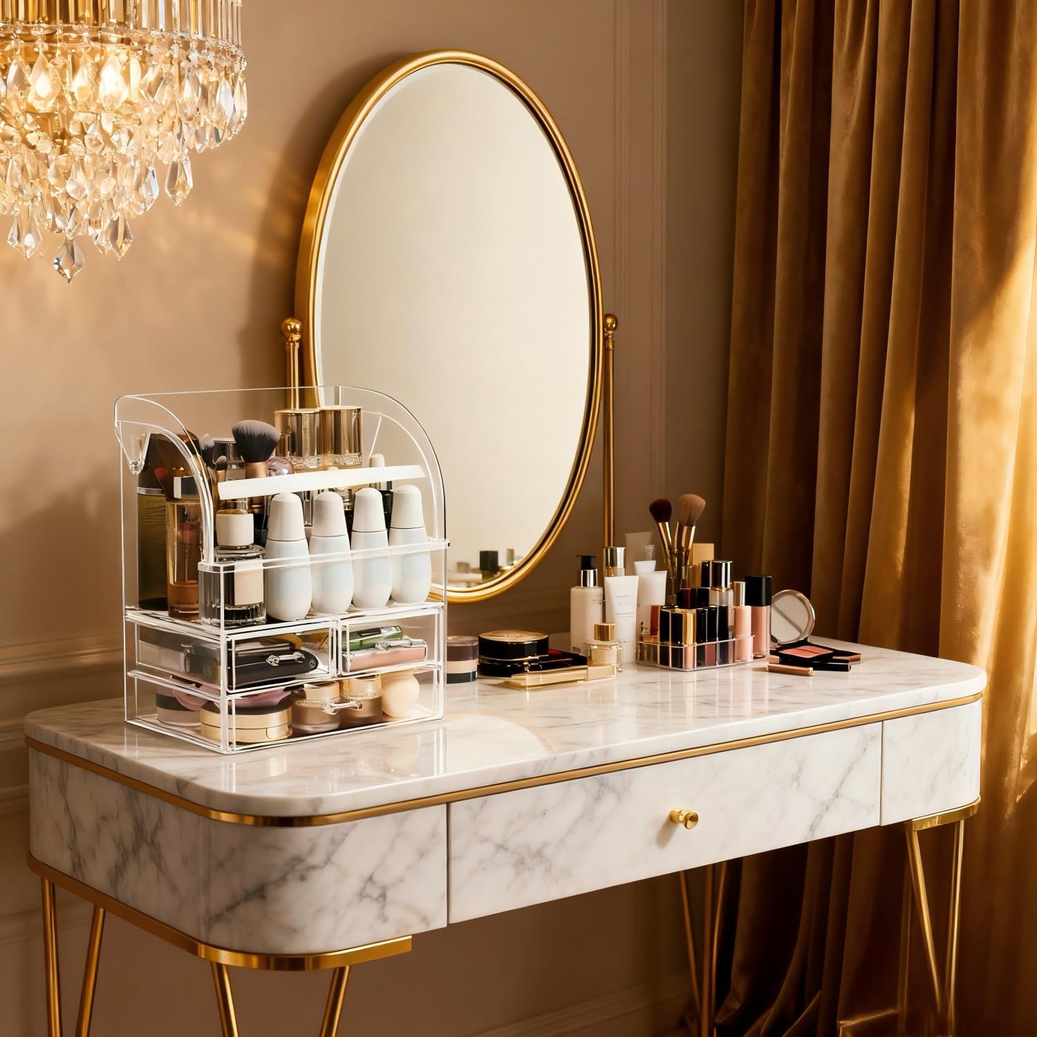 Roquati Cosmetic Organizer,Large Acrylic Makeup Storage Organizer Transparent Display Case with Drawers and Closable Lid, Dustproof Waterproof Box for Bathroom Counter Dresser, Lipsticks, Brushes (Clear-L)