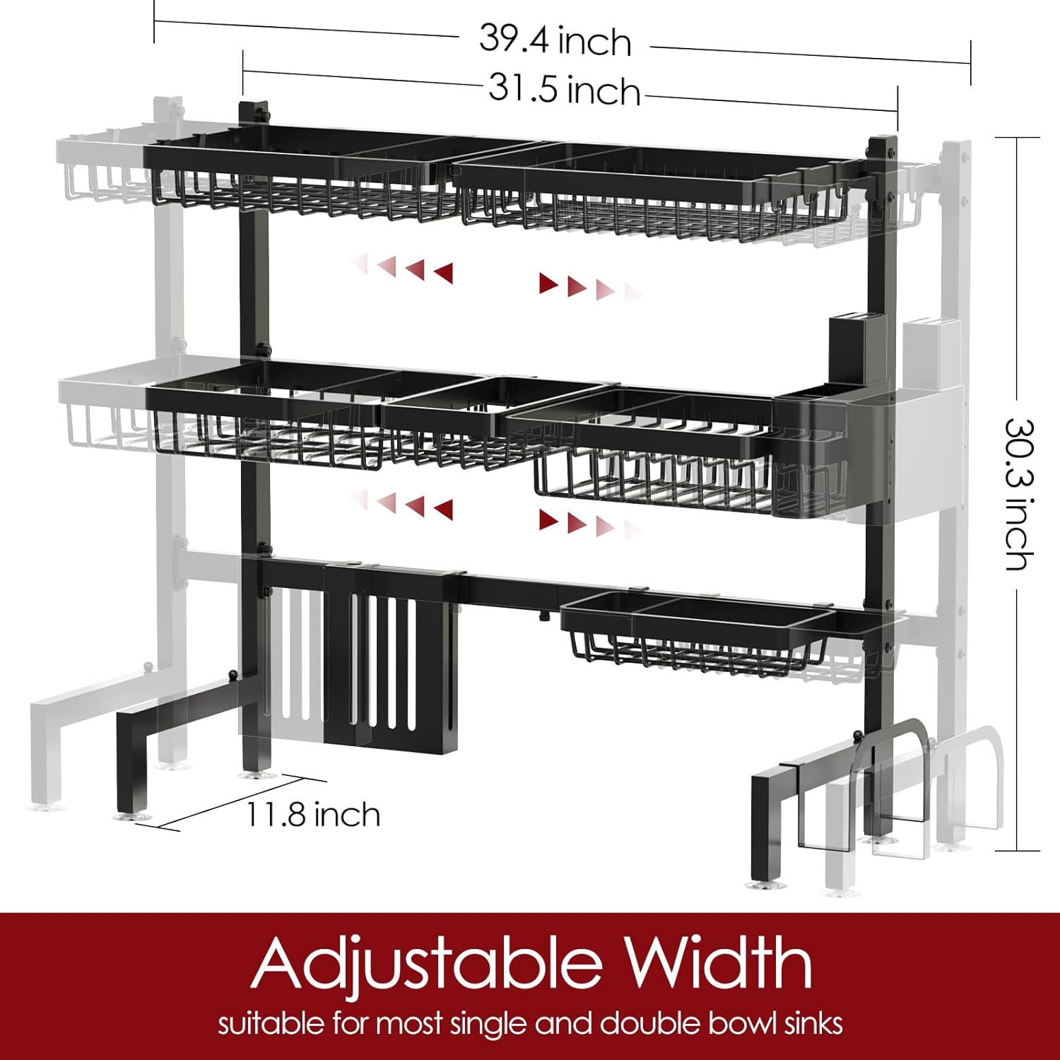 Sakugi Dish Drying Rack Over The Sink – Large Capacity Stainless Steel Dish Drainer, Multifunctional Kitchen Organizer, Black, 28 × 80–100 × 76 cm (D × W × H)