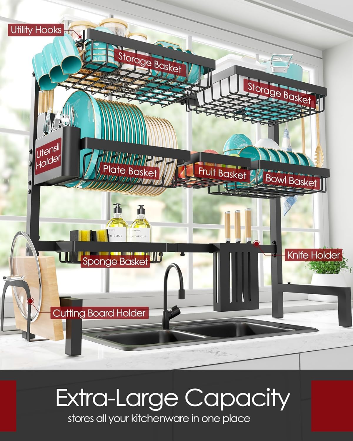Sakugi Dish Drying Rack Over The Sink – Large Capacity Stainless Steel Dish Drainer, Multifunctional Kitchen Organizer, Black, 28 × 80–100 × 76 cm (D × W × H)