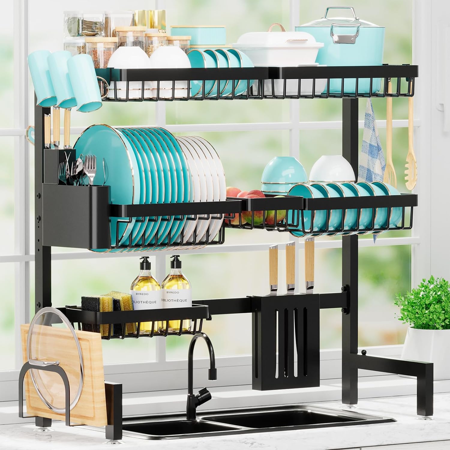 Sakugi Dish Drying Rack Over The Sink – Large Capacity Stainless Steel Dish Drainer, Multifunctional Kitchen Organizer, Black, 28 × 80–100 × 76 cm (D × W × H)