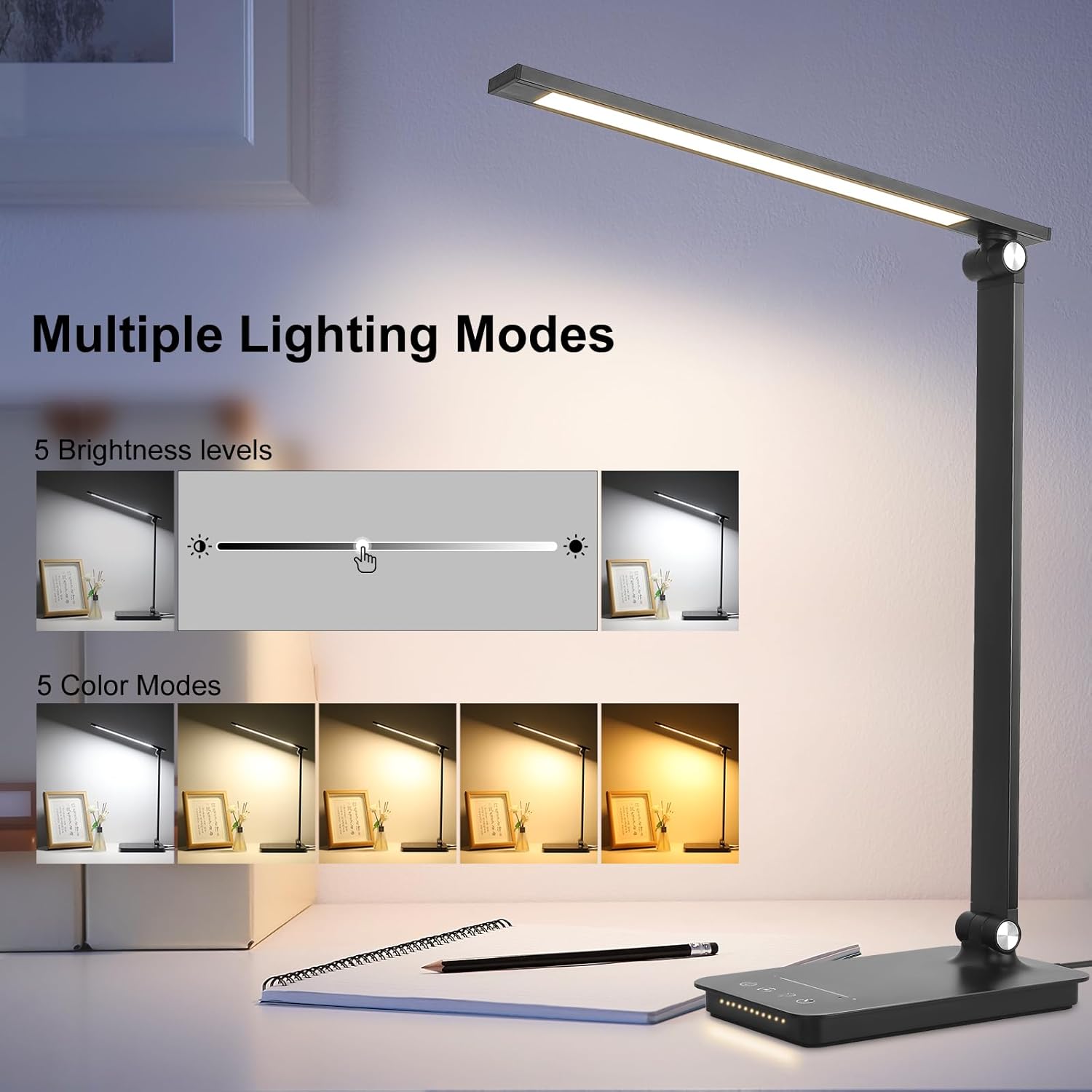 Semlos LED Desk Lamp with USB Charging Port, 25 Lighting Modes, Touch Control Light, 30/60 Min Auto Off Timer, Eye-Caring Night Light with Study Reading Mode, Bedside Table Lamp for Home Office Work