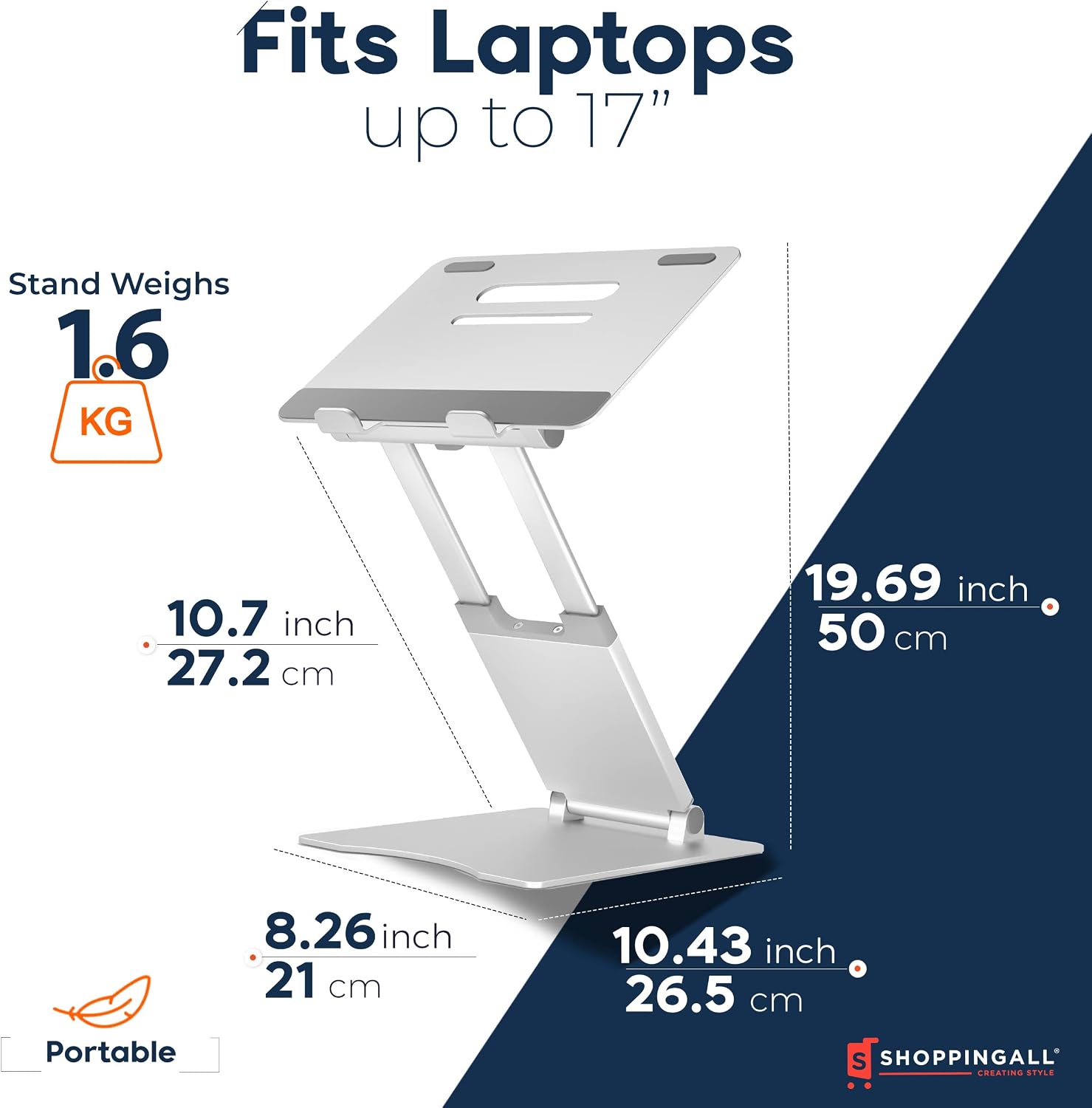 SHOPPINGALL Hight Adjustable and Foldable Laptop Stand, Ergonomic and Portable Aluminum Laptop and Tablets Riser for Desk, Fits All Laptops and Notebooks and Tablets up to 17 Inch 