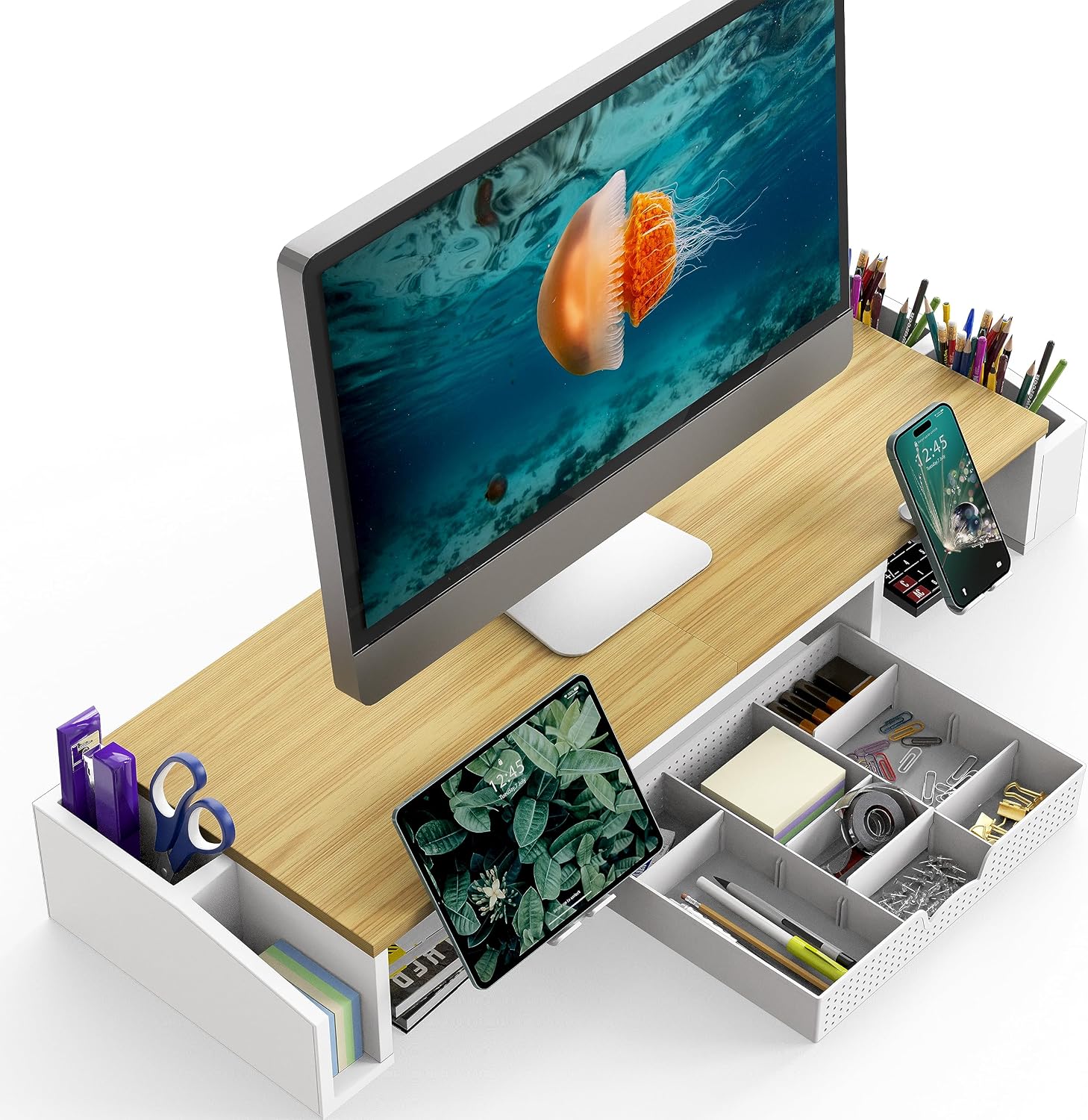 Simple Houseware Desk Dual Monitor Stand Riser with Drawer, Oak | Customizable Organizer Tray, Built-In Phone & Tablet Slot and Side Storage thumbnail 2