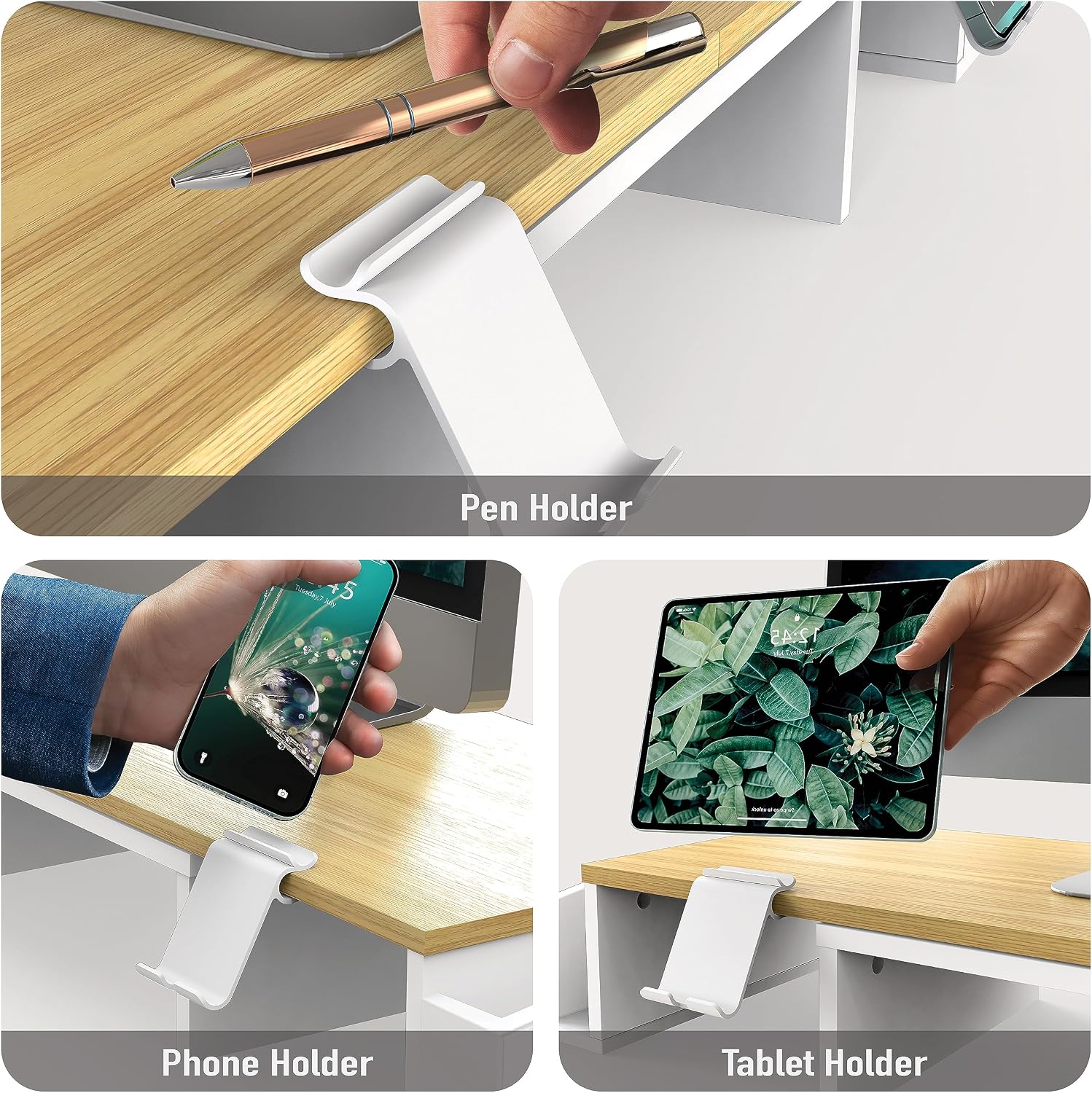 Simple Houseware Desk Dual Monitor Stand Riser with Drawer, Oak | Customizable Organizer Tray, Built-In Phone & Tablet Slot and Side Storage thumbnail 4