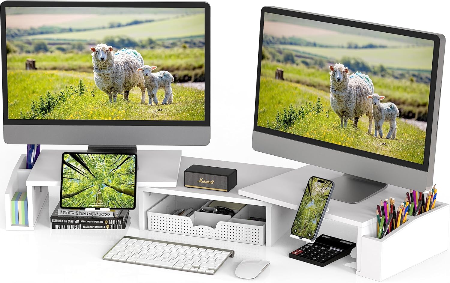 SimpleHouseware Dual Monitor Stand Riser of Adjustable Length and Angle Shelf with Holder and Drawer, White