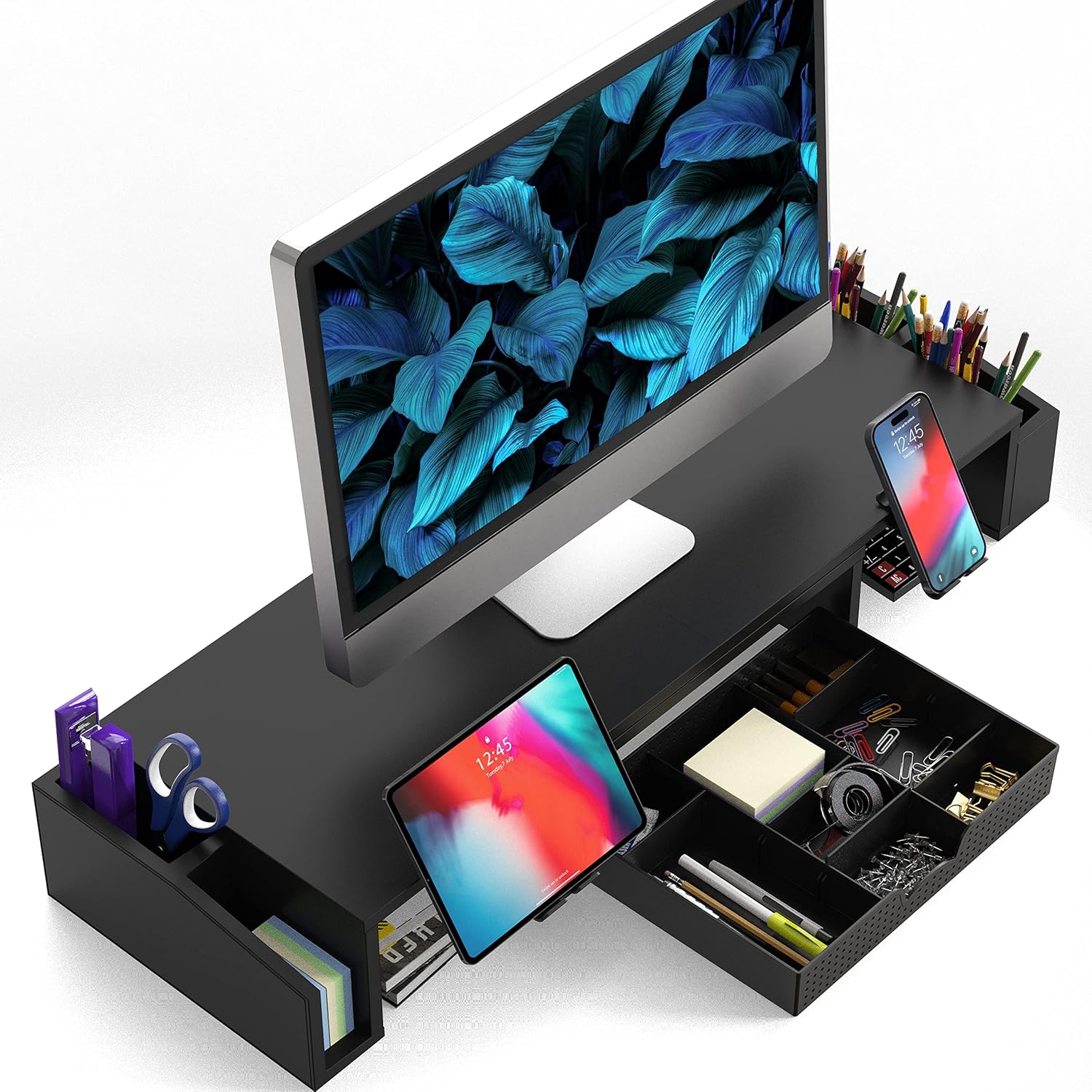 SimpleHouseware Dual Monitor Stand Riser of Adjustable Length and Angle Shelf with Holder and Drawer, Black thumbnail 2