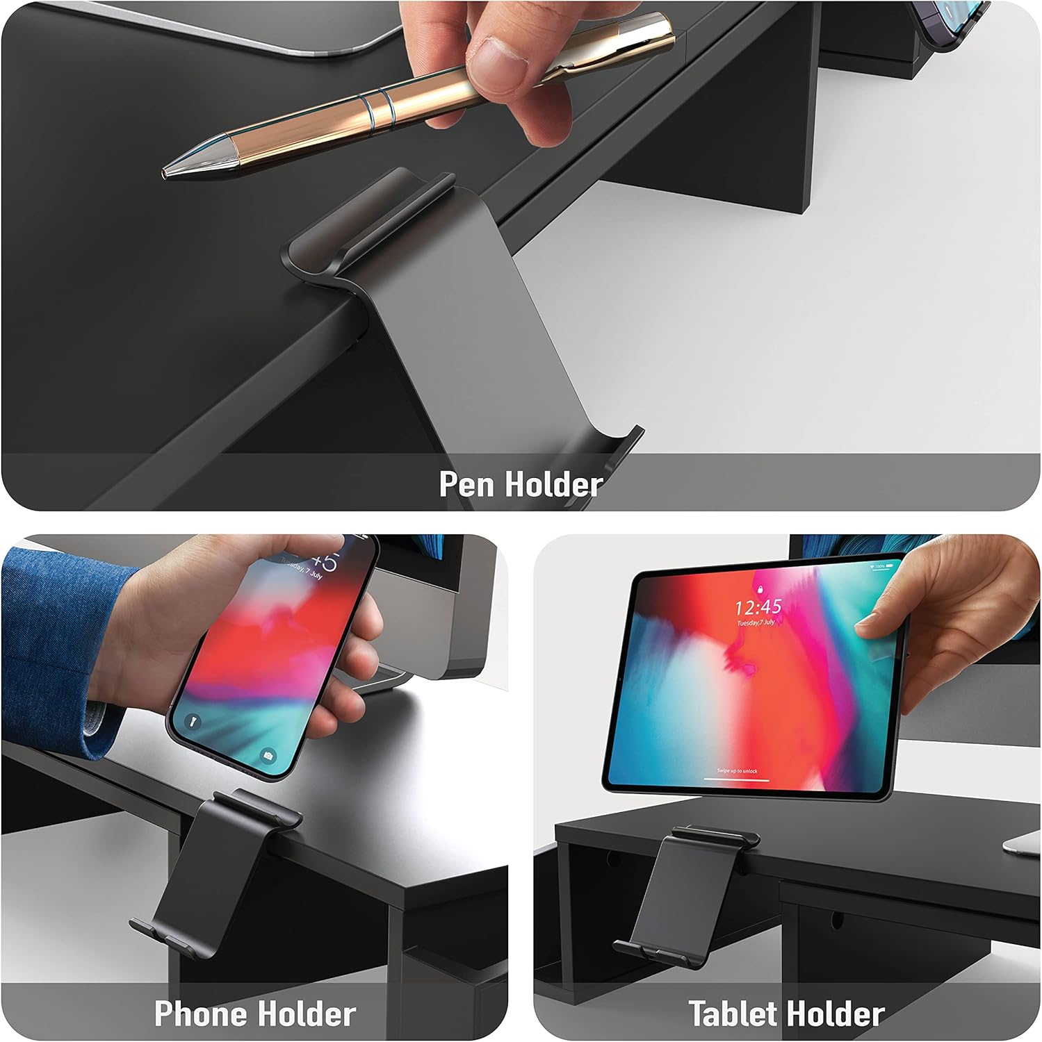 SimpleHouseware Dual Monitor Stand Riser of Adjustable Length and Angle Shelf with Holder and Drawer, Black thumbnail 4