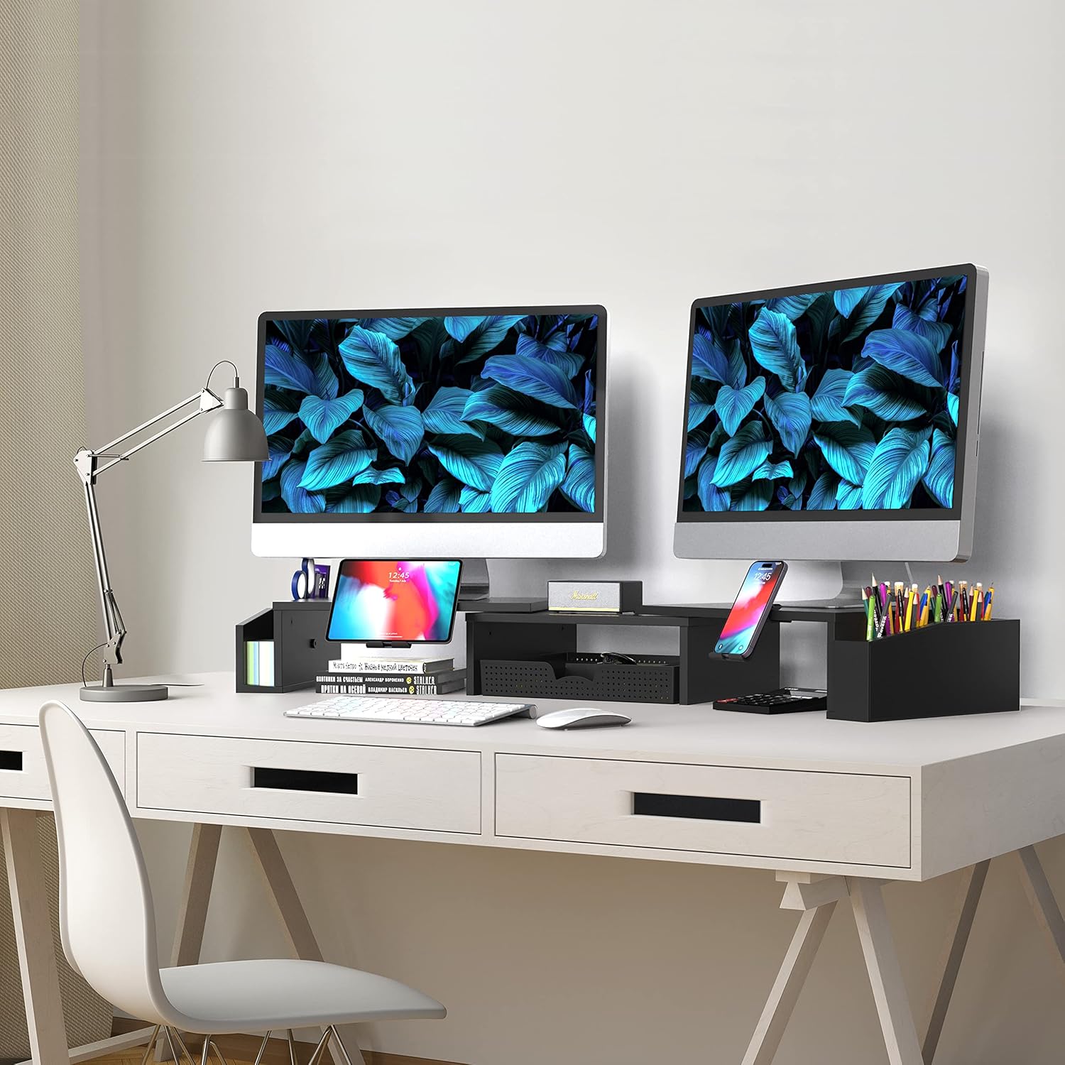 SimpleHouseware Dual Monitor Stand Riser of Adjustable Length and Angle Shelf with Holder and Drawer, Black thumbnail 5