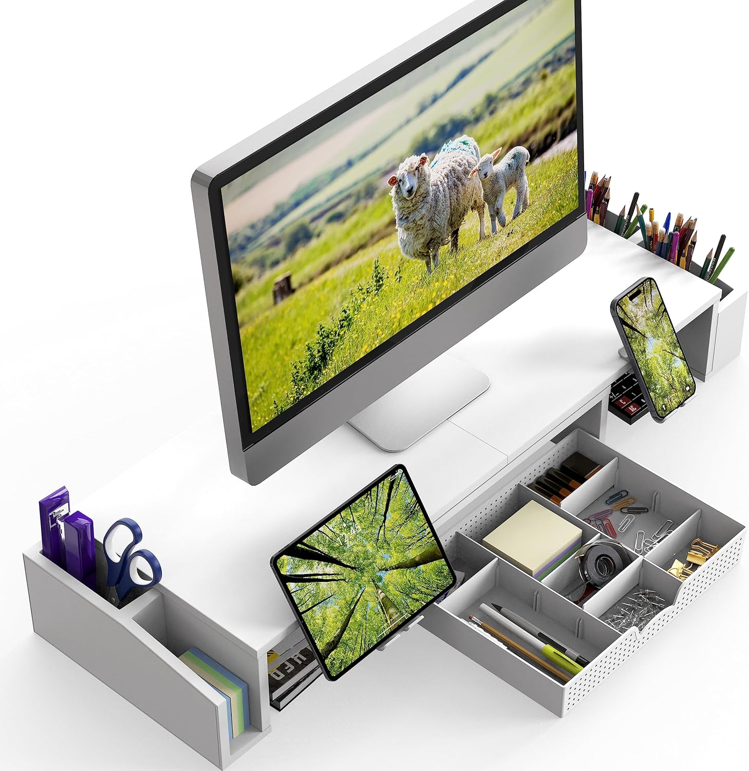 SimpleHouseware Dual Monitor Stand Riser of Adjustable Length and Angle Shelf with Holder and Drawer, White