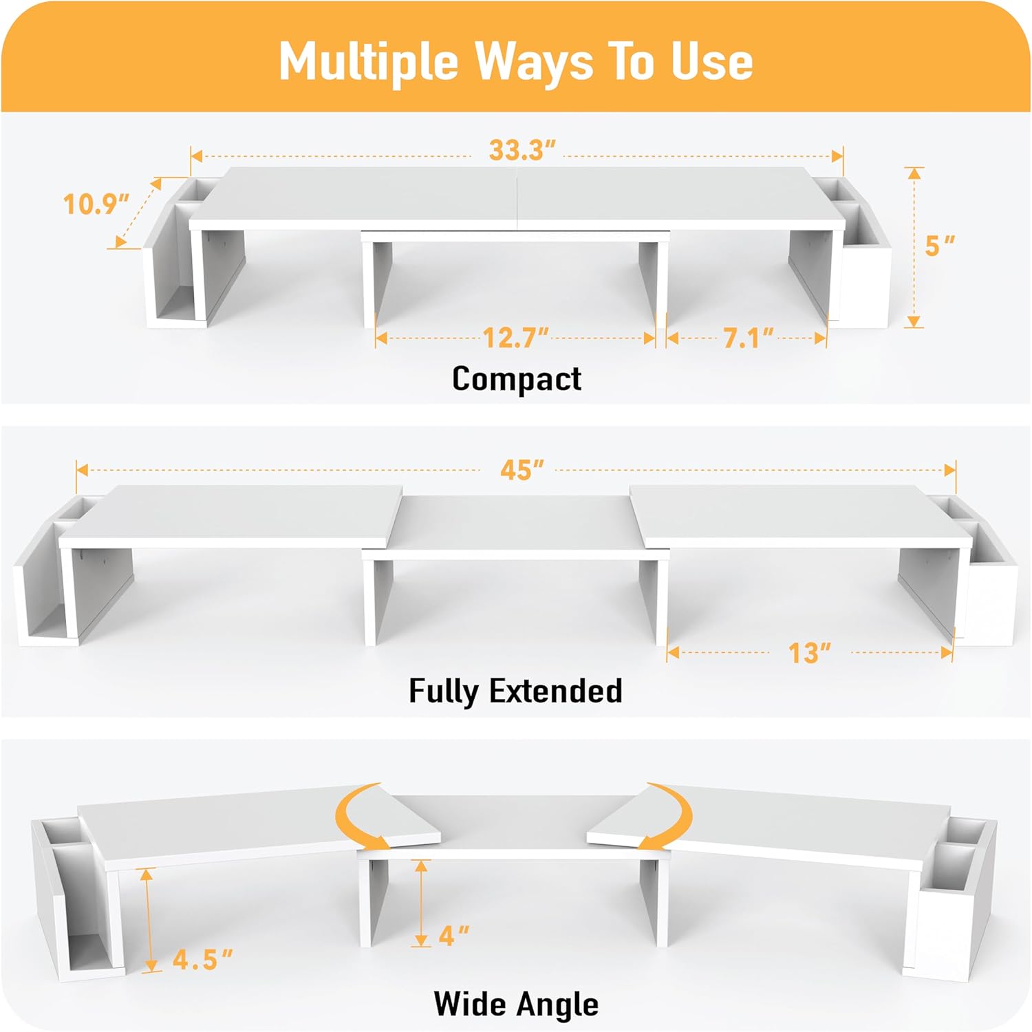 SimpleHouseware Dual Monitor Stand Riser of Adjustable Length and Angle Shelf with Holder and Drawer, White