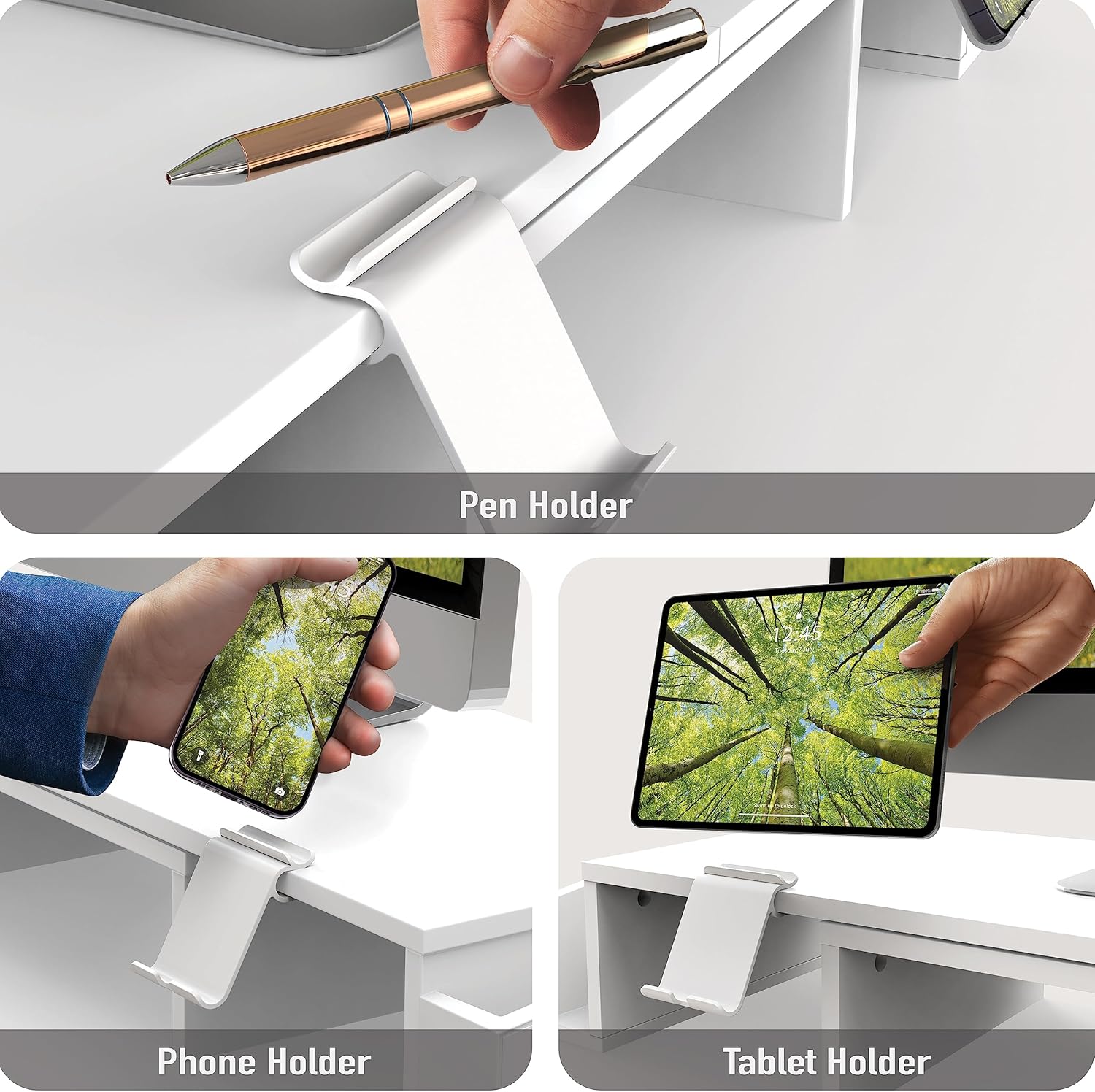 SimpleHouseware Dual Monitor Stand Riser of Adjustable Length and Angle Shelf with Holder and Drawer, White